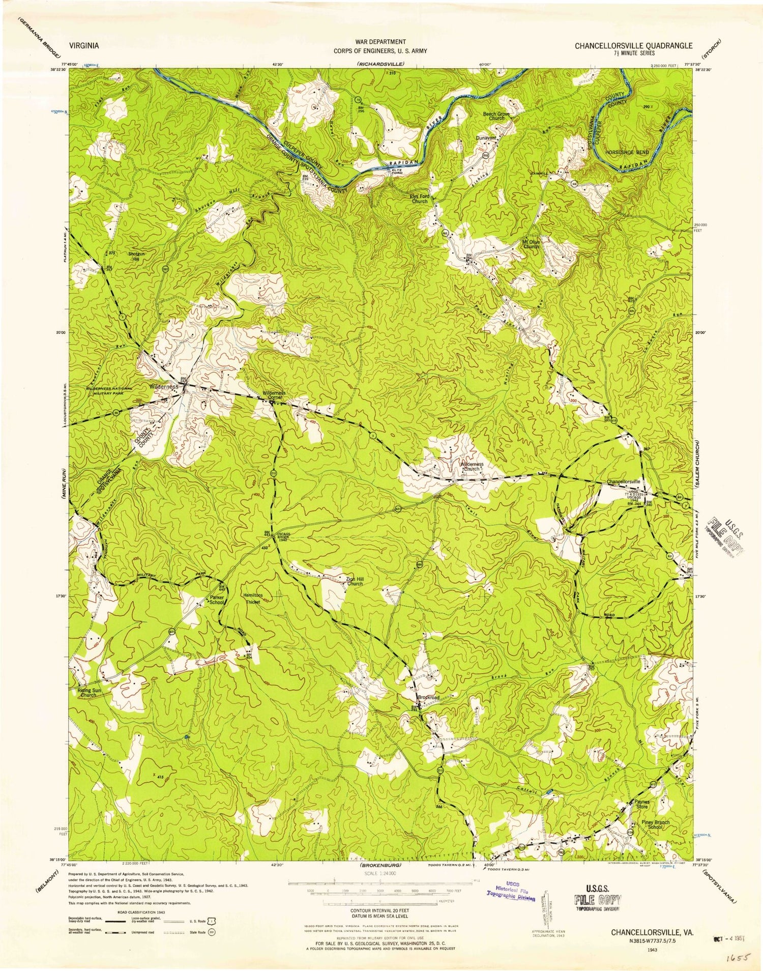Classic USGS Chancellorsville Virginia 7.5'x7.5' Topo Map Image