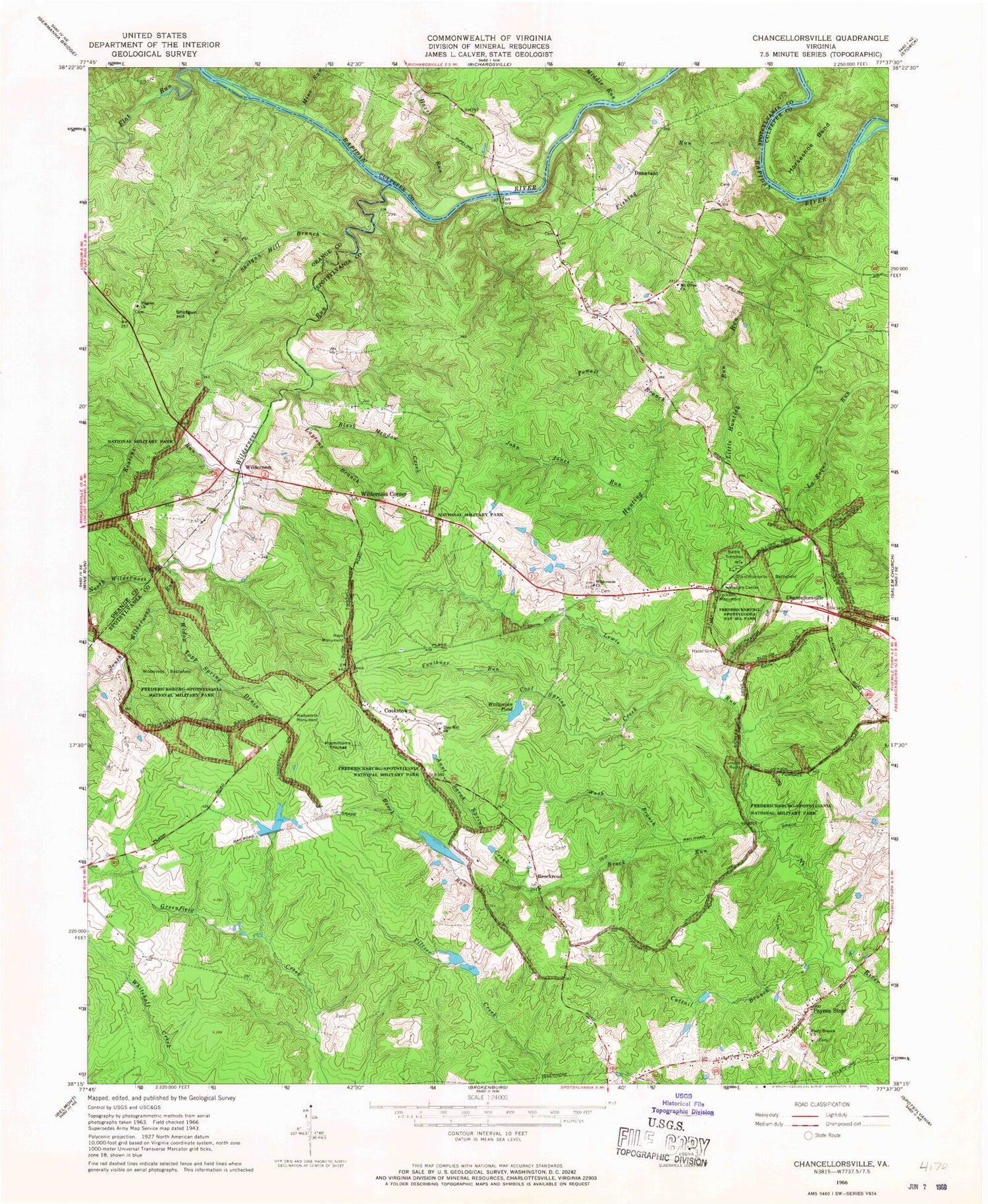 Classic USGS Chancellorsville Virginia 7.5'x7.5' Topo Map Image