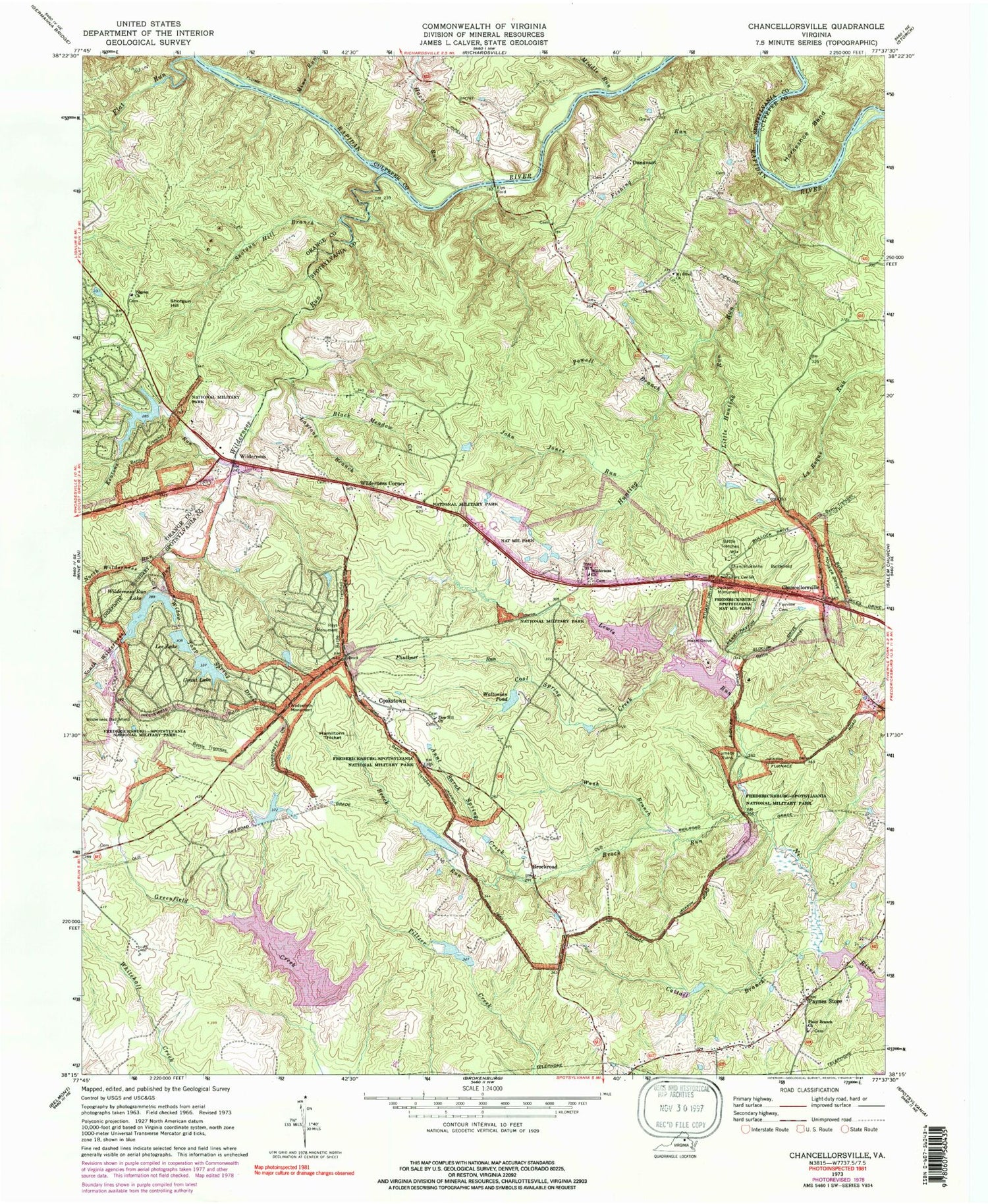 Classic USGS Chancellorsville Virginia 7.5'x7.5' Topo Map Image