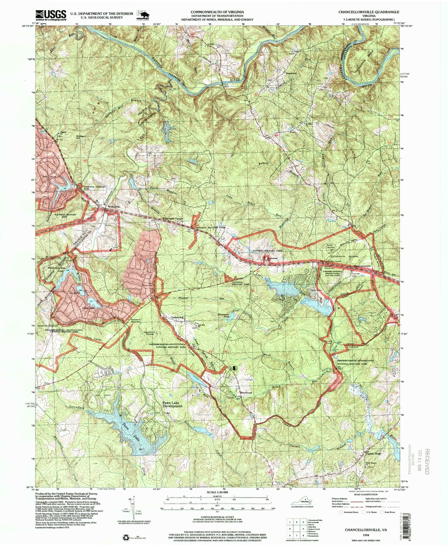 Classic USGS Chancellorsville Virginia 7.5'x7.5' Topo Map Image