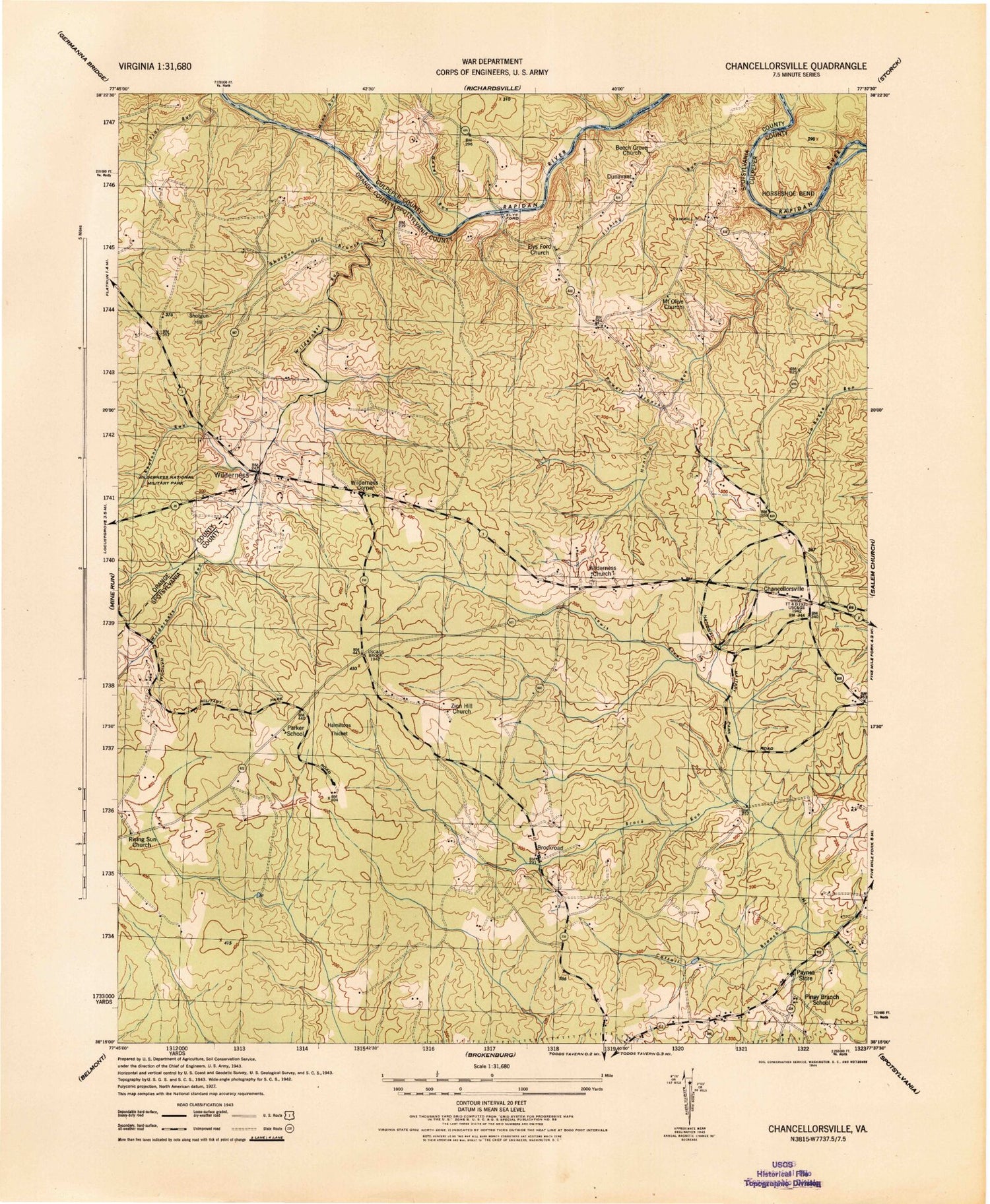 Classic USGS Chancellorsville Virginia 7.5'x7.5' Topo Map Image