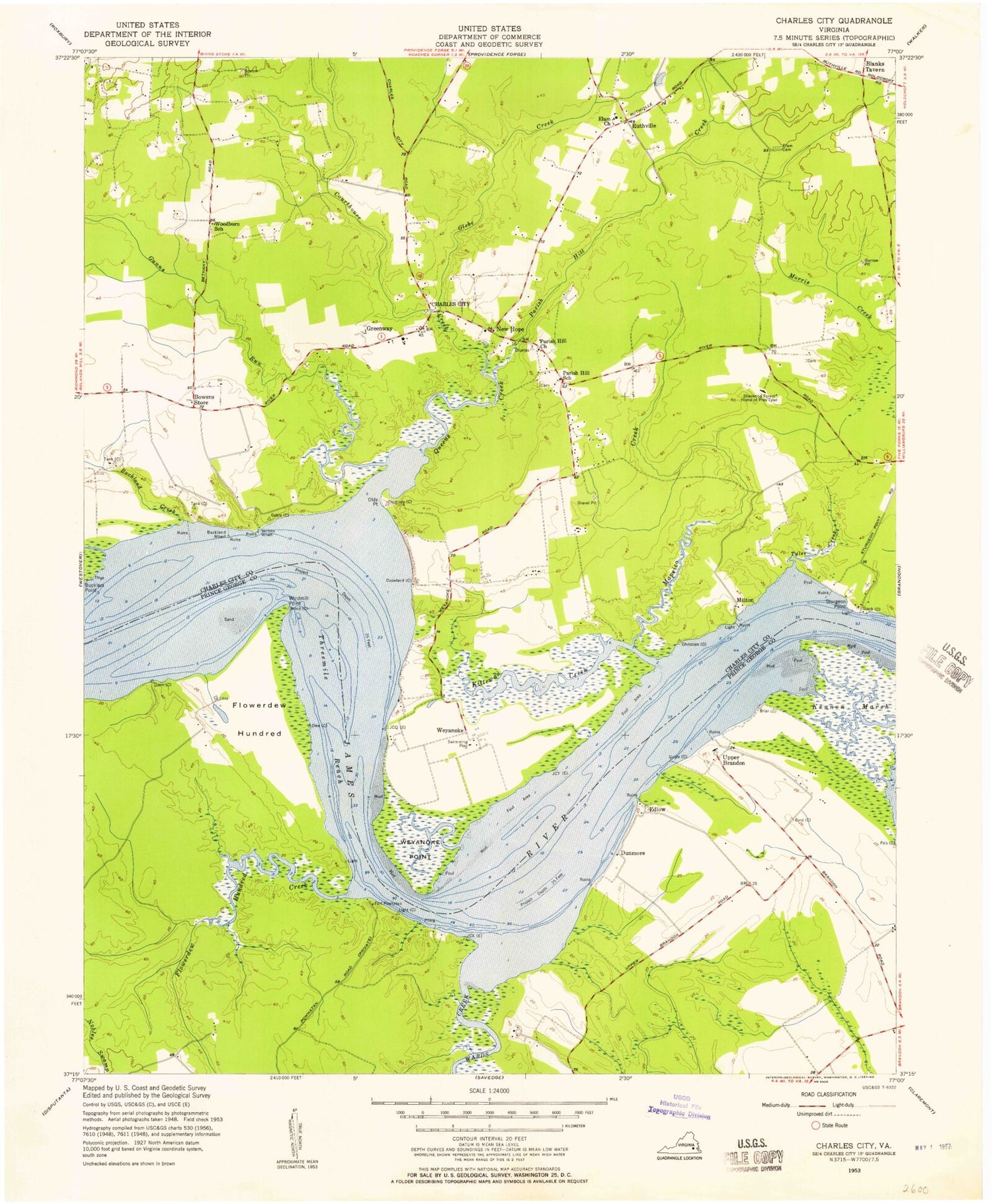Classic USGS Charles City Virginia 7.5'x7.5' Topo Map Image