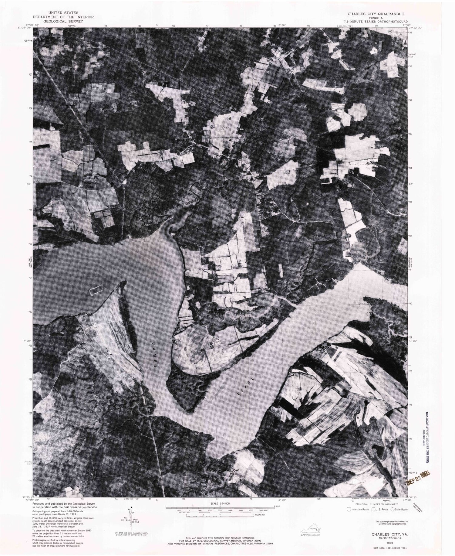 Classic USGS Charles City Virginia 7.5'x7.5' Topo Map Image