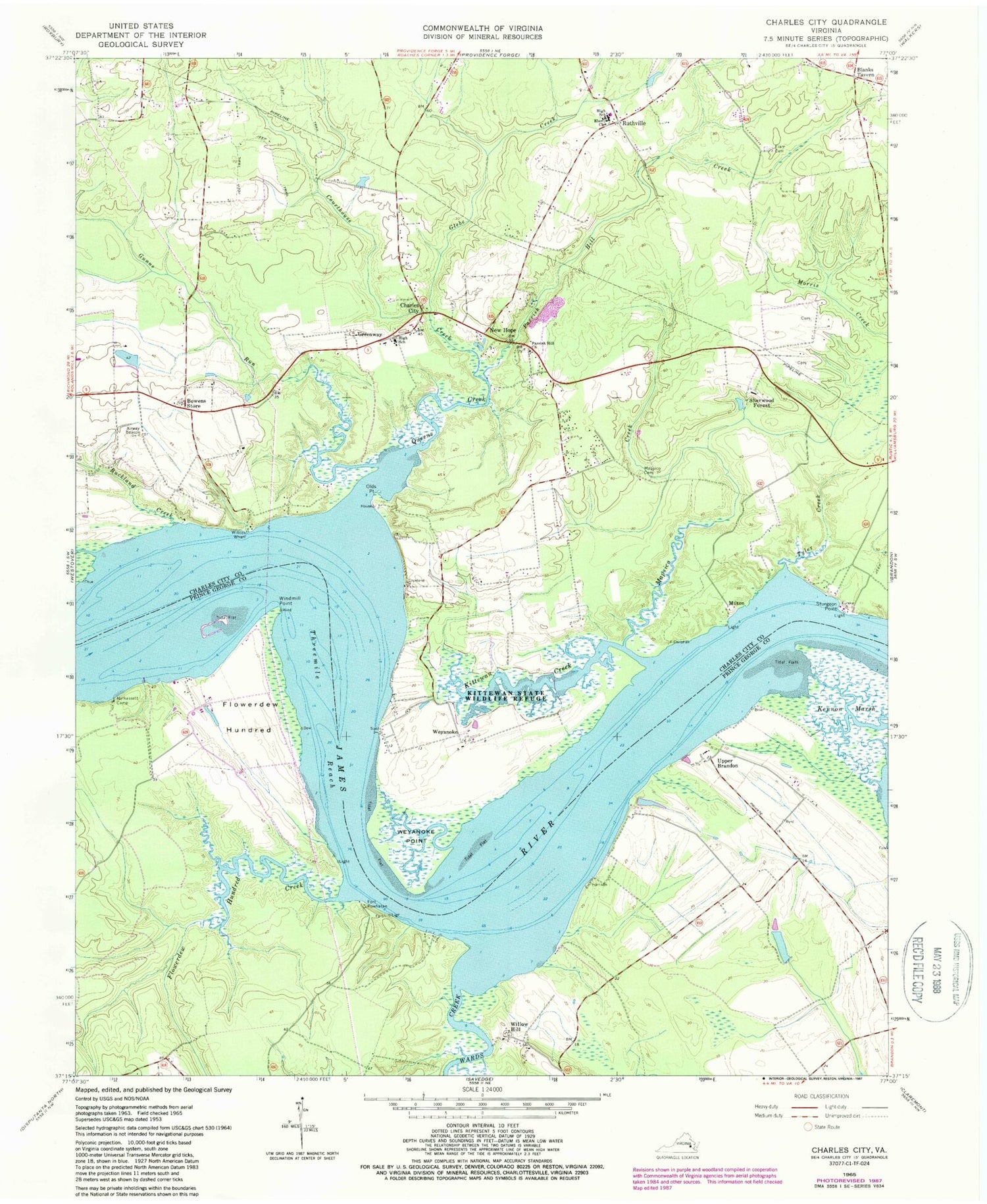 Classic USGS Charles City Virginia 7.5'x7.5' Topo Map Image