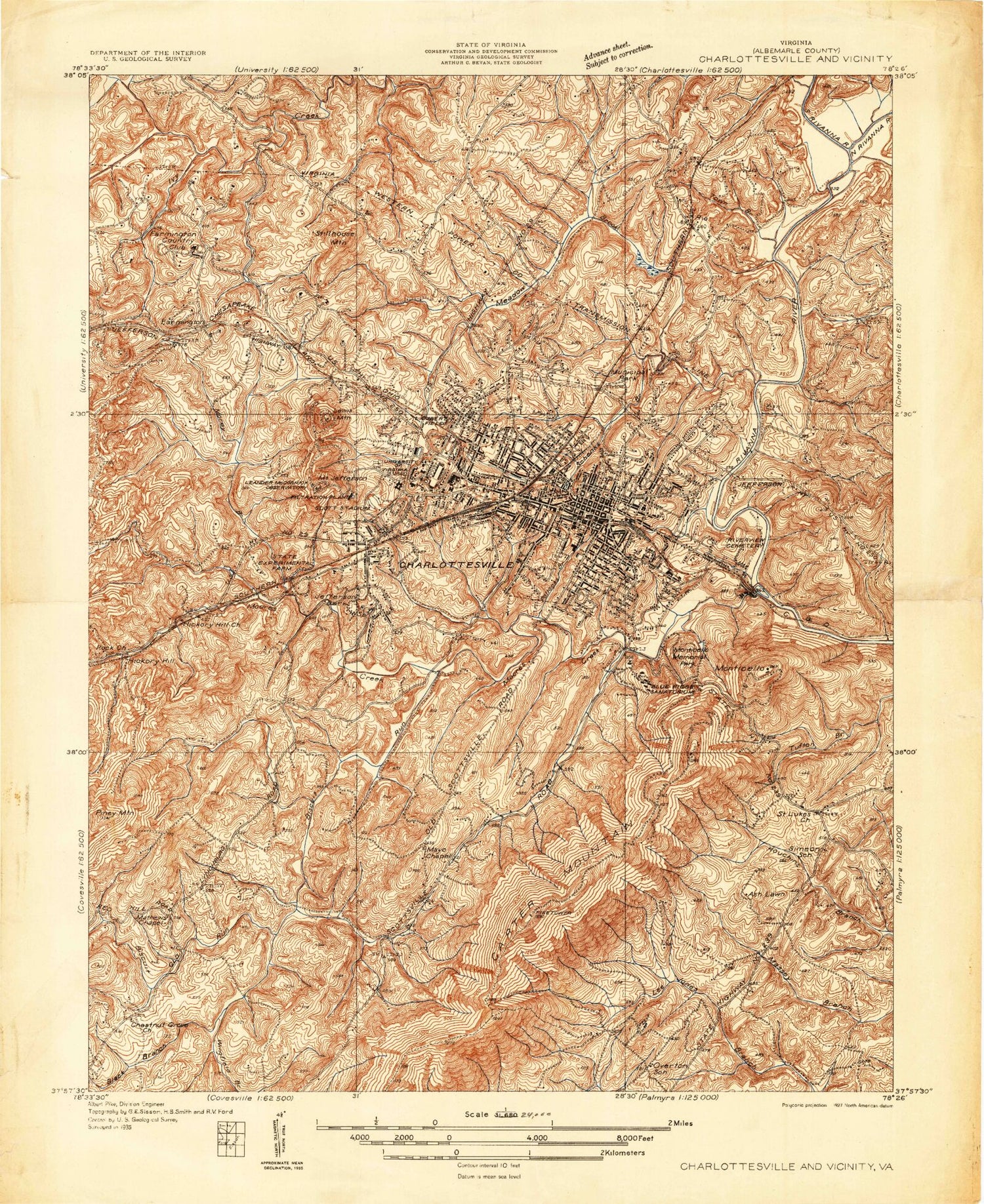 Classic USGS Charlottesville And Vicinity Virginia 7.5'x7.5' Topo Map Image
