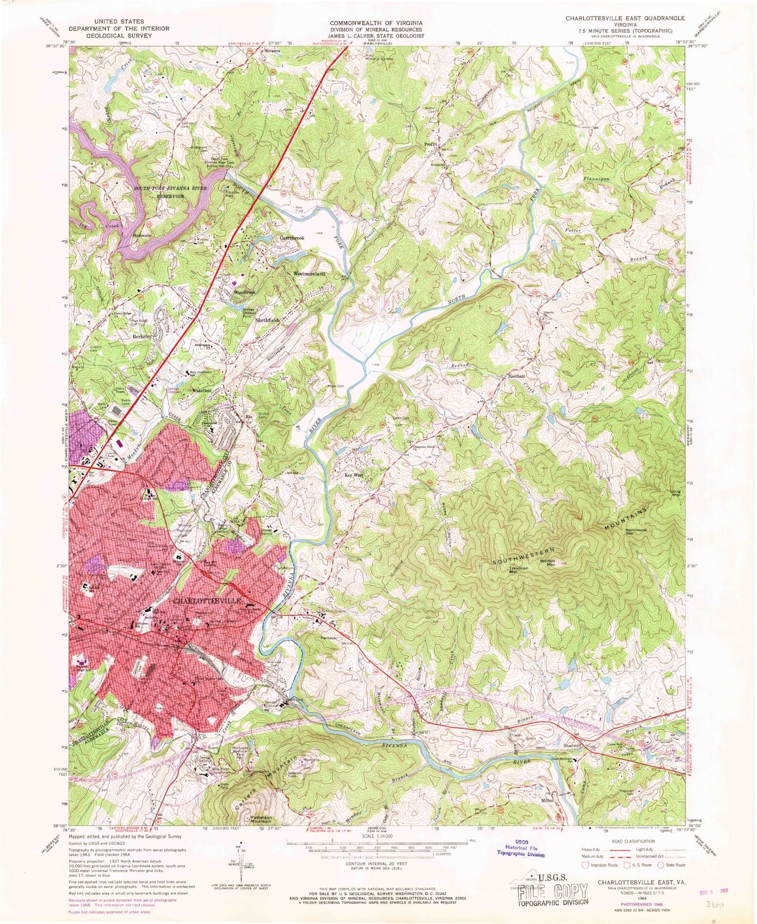 Classic USGS Charlottesville East Virginia 7.5'x7.5' Topo Map Image