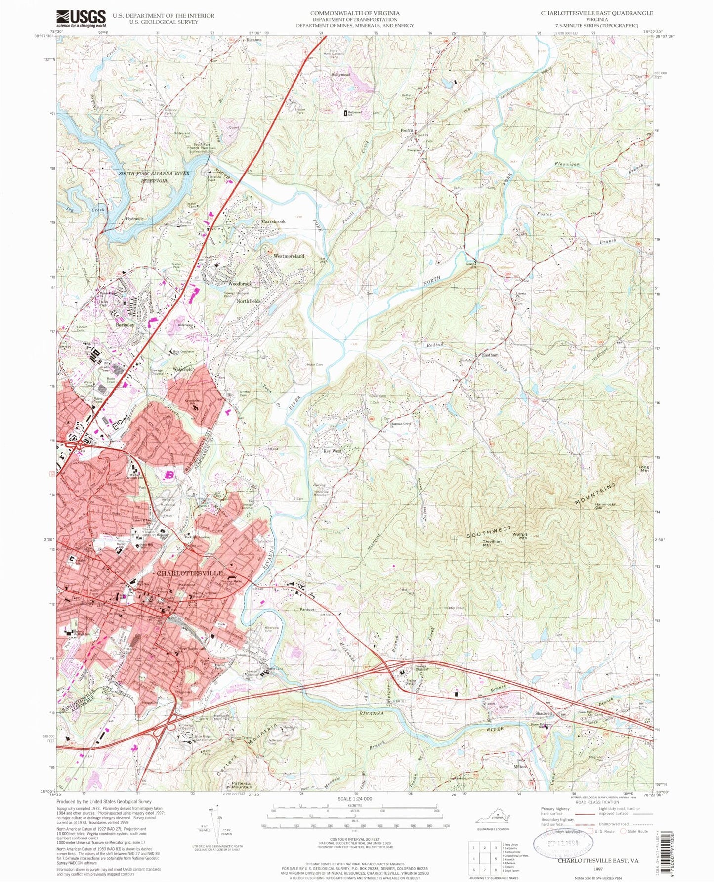 Classic USGS Charlottesville East Virginia 7.5'x7.5' Topo Map Image