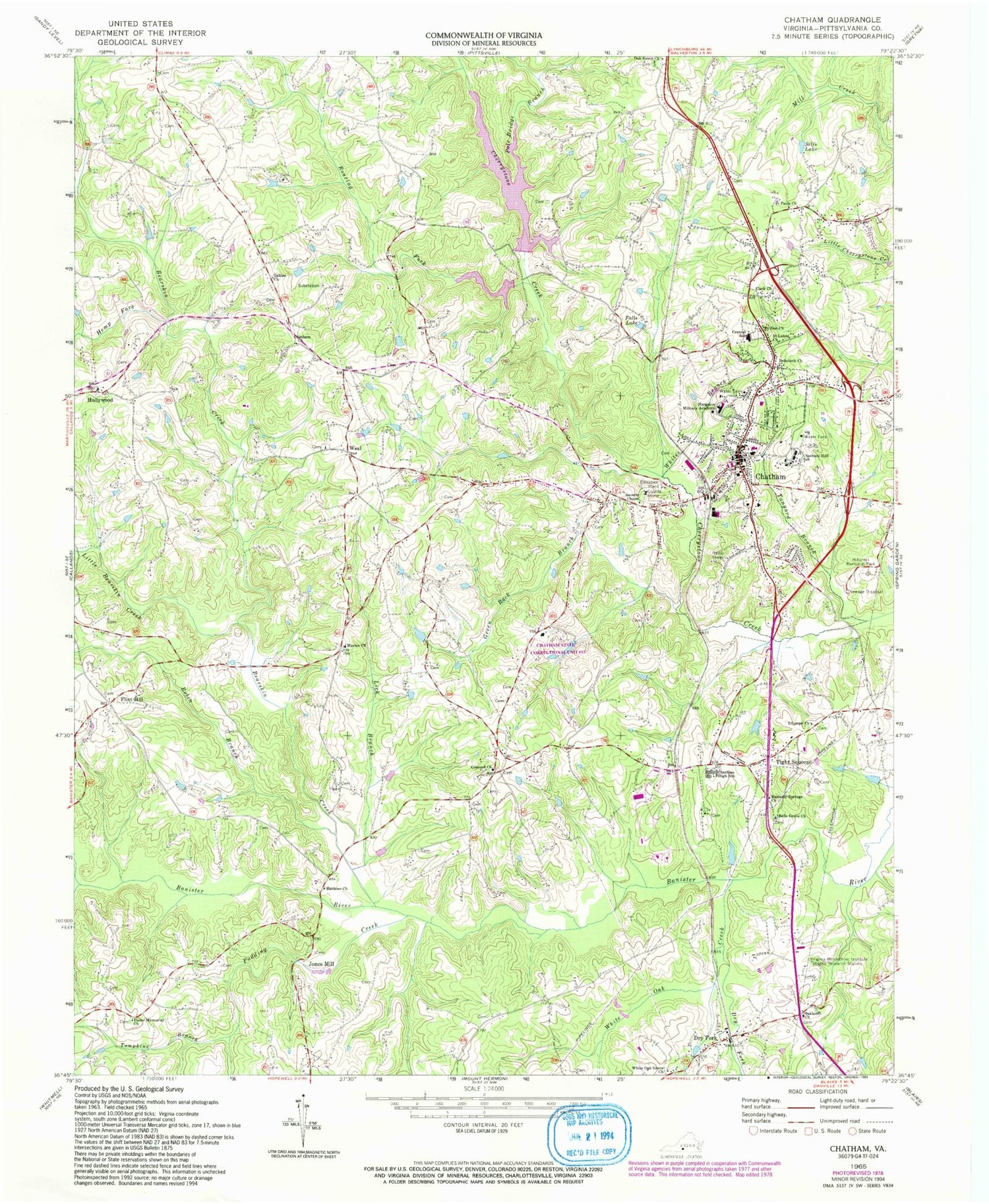Classic USGS Chatham Virginia 7.5'x7.5' Topo Map Image