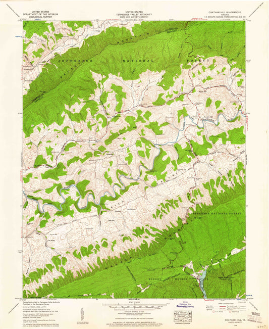 Classic USGS Chatham Hill Virginia 7.5'x7.5' Topo Map Image