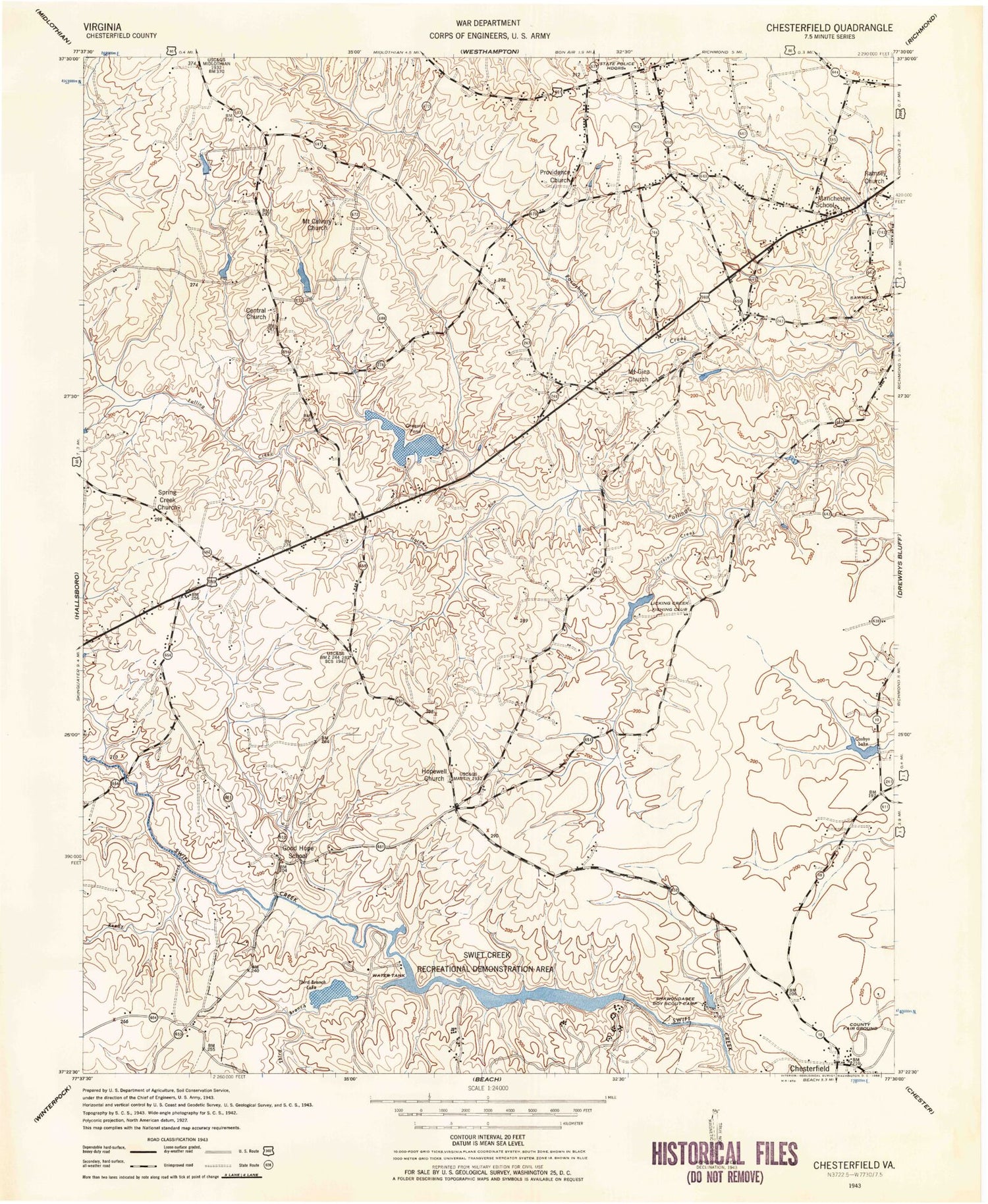 Classic USGS Chesterfield Virginia 7.5'x7.5' Topo Map Image