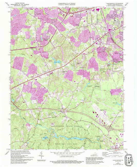 Classic USGS Chesterfield Virginia 7.5'x7.5' Topo Map Image