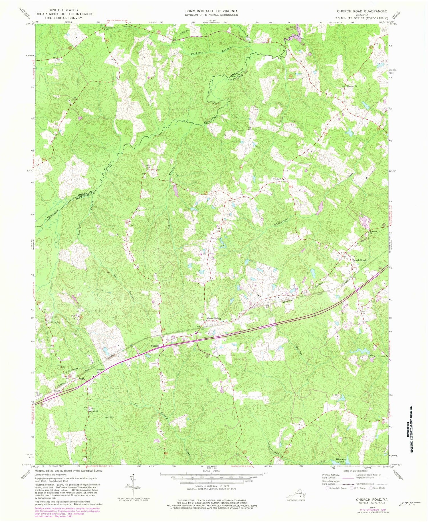 Classic USGS Church Road Virginia 7.5'x7.5' Topo Map Image