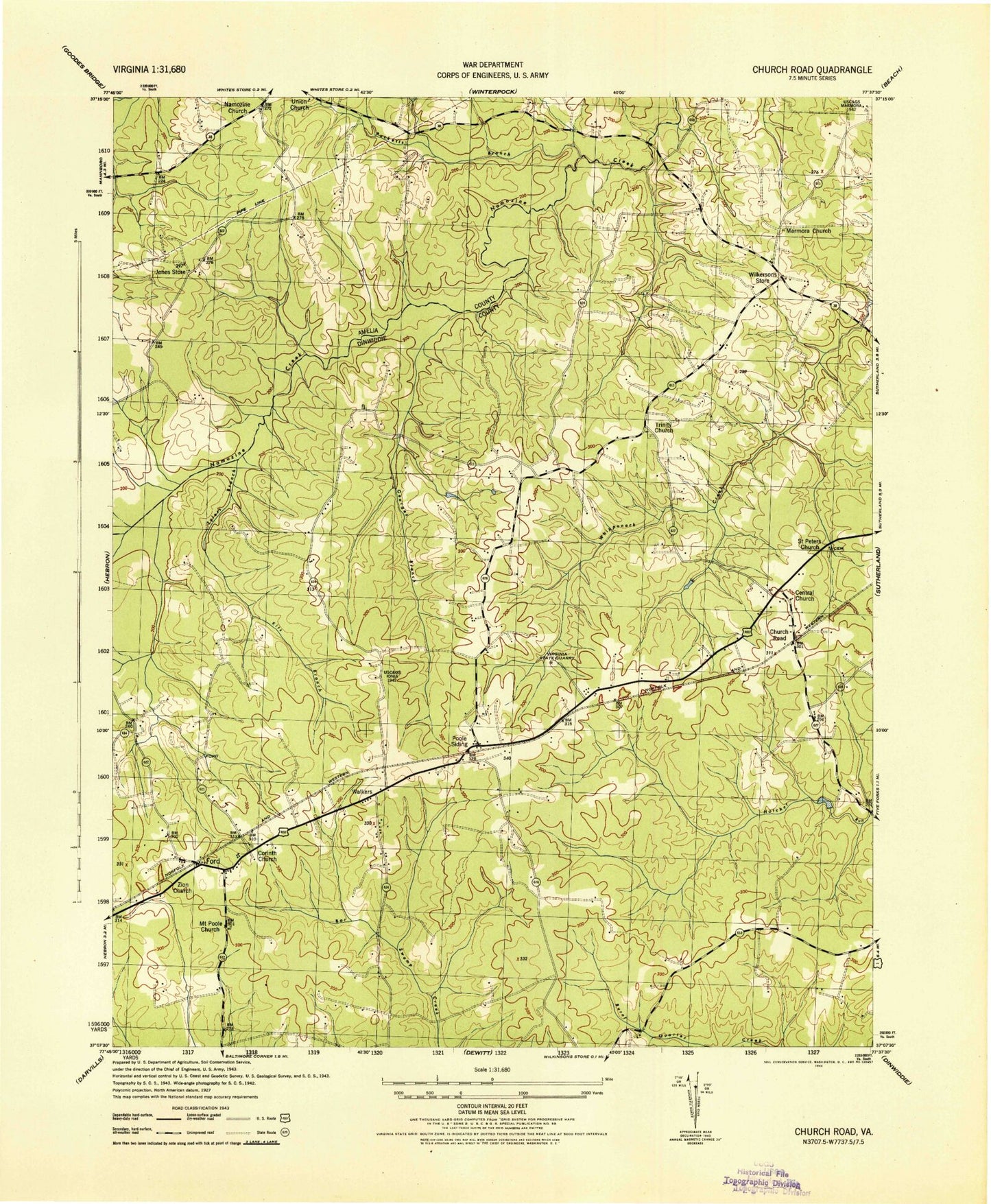 Classic USGS Church Road Virginia 7.5'x7.5' Topo Map Image