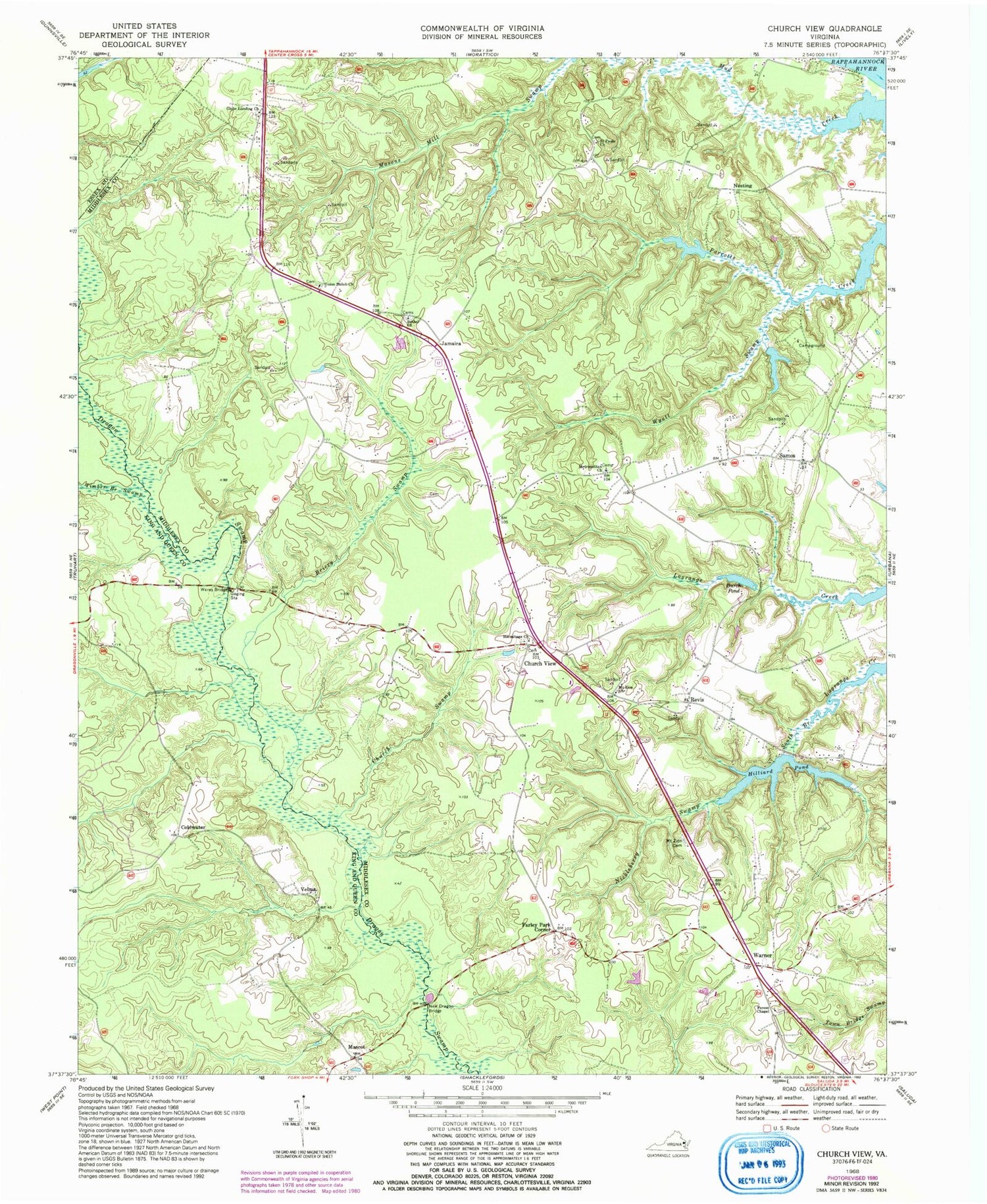 Classic USGS Church View Virginia 7.5'x7.5' Topo Map Image