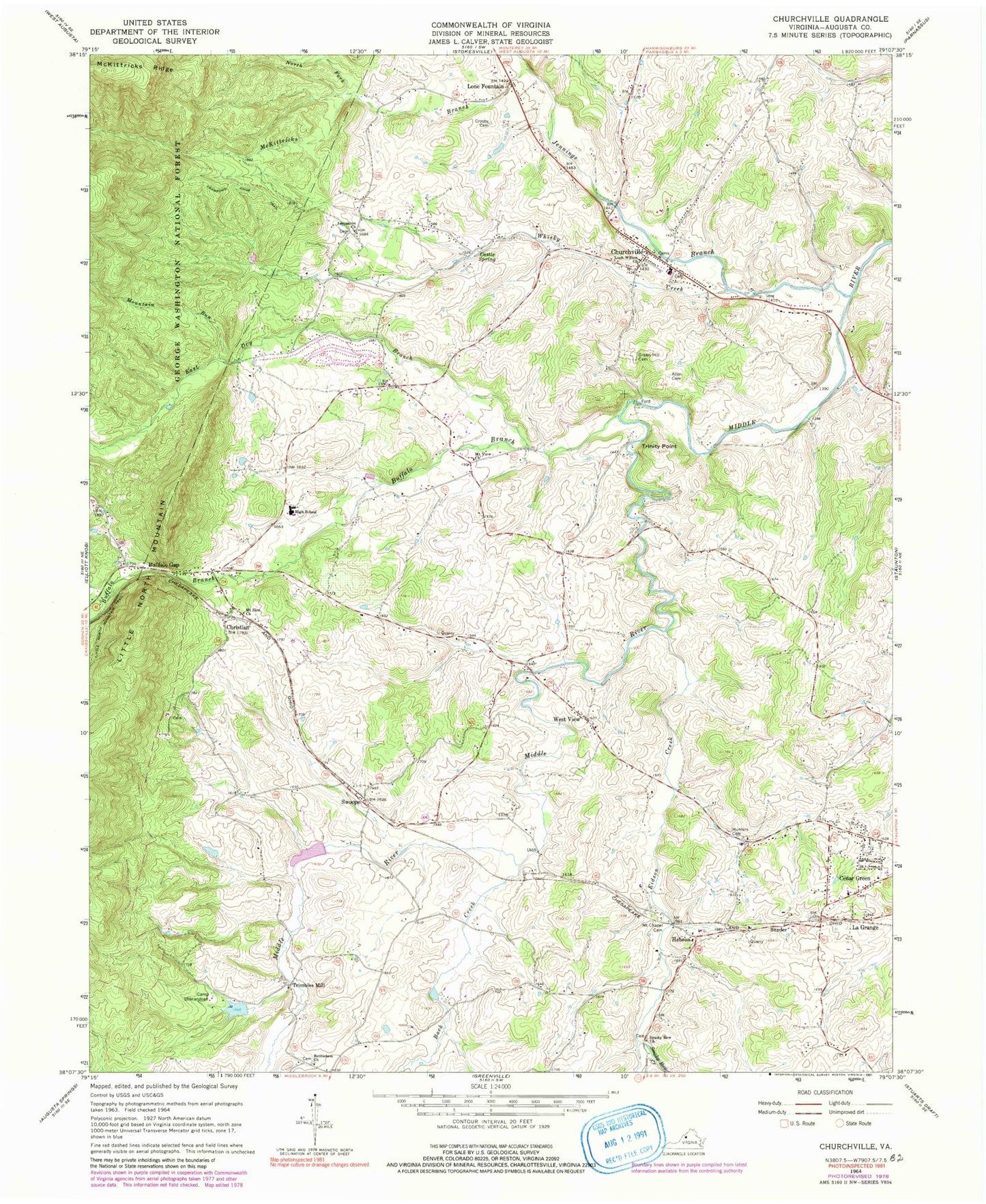 Classic USGS Churchville Virginia 7.5'x7.5' Topo Map Image