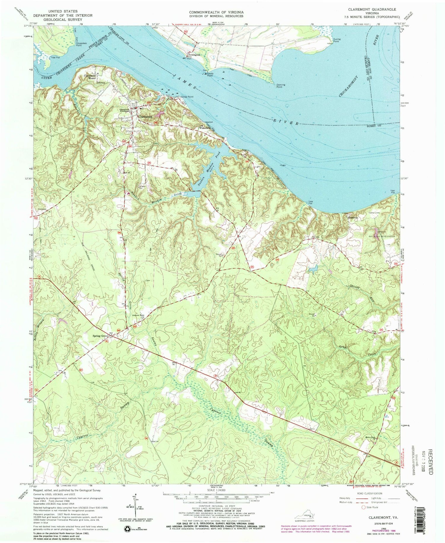 Classic USGS Claremont Virginia 7.5'x7.5' Topo Map Image