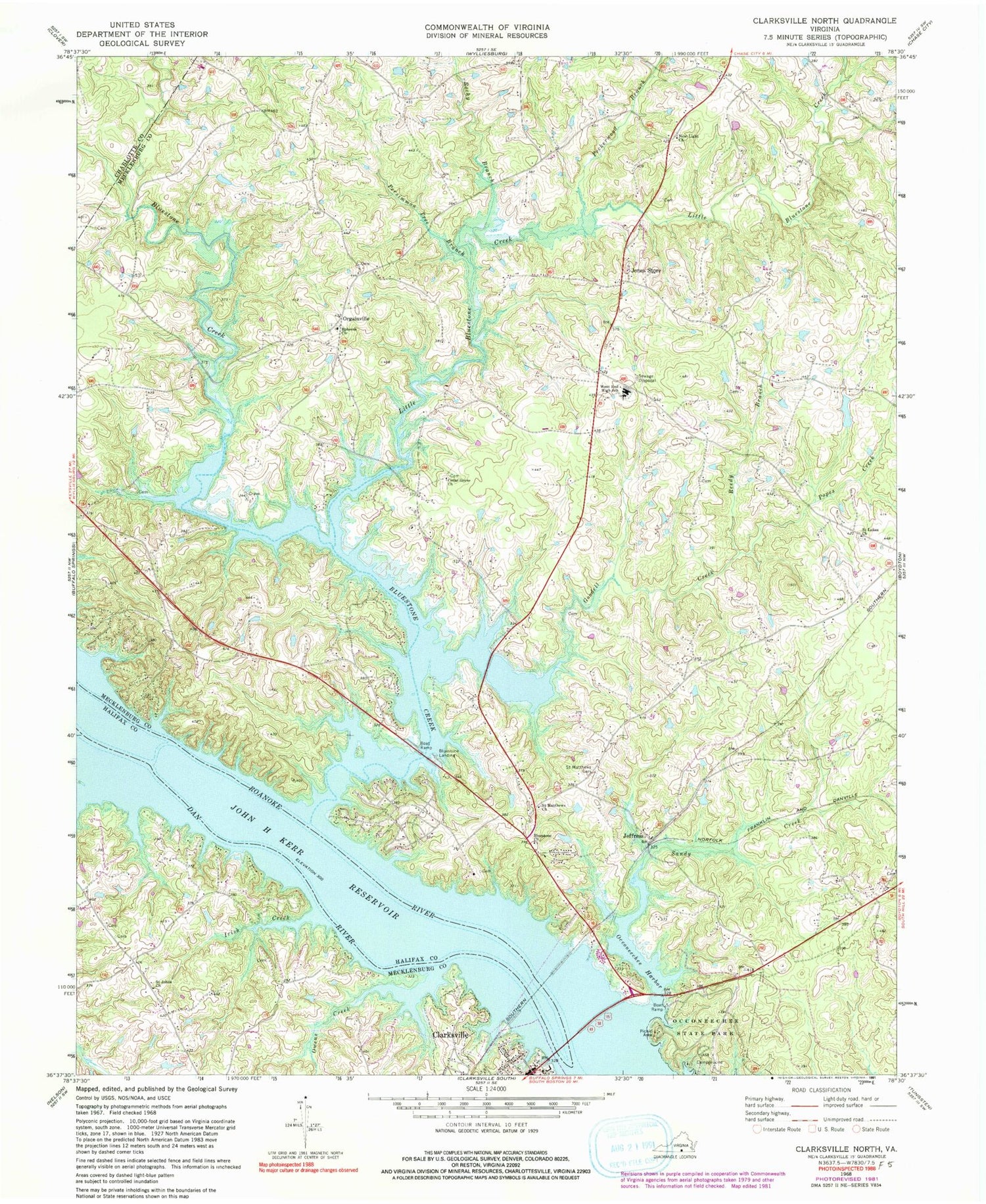 Classic USGS Clarksville North Virginia 7.5'x7.5' Topo Map Image