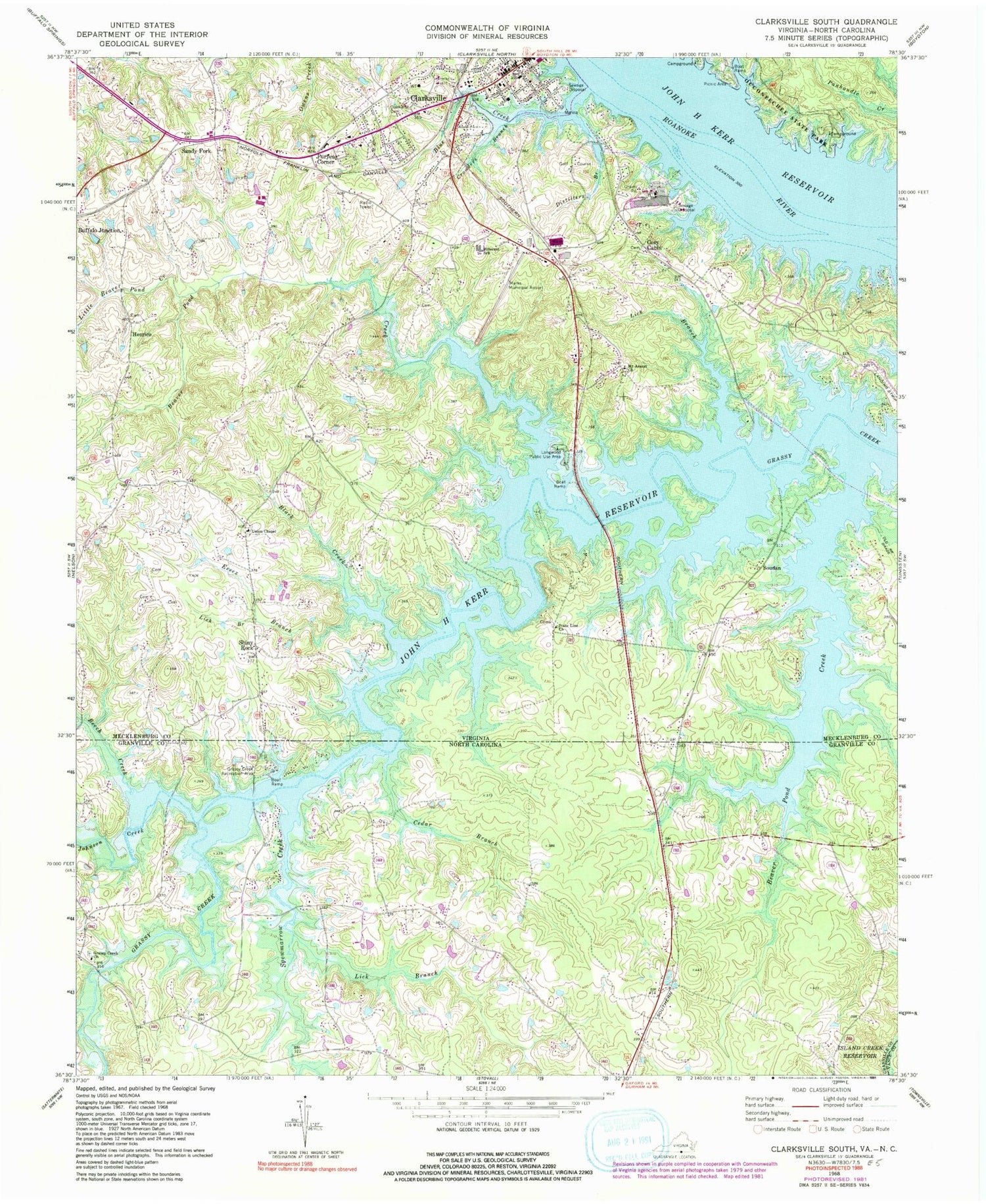 Classic USGS Clarksville South Virginia 7.5'x7.5' Topo Map Image