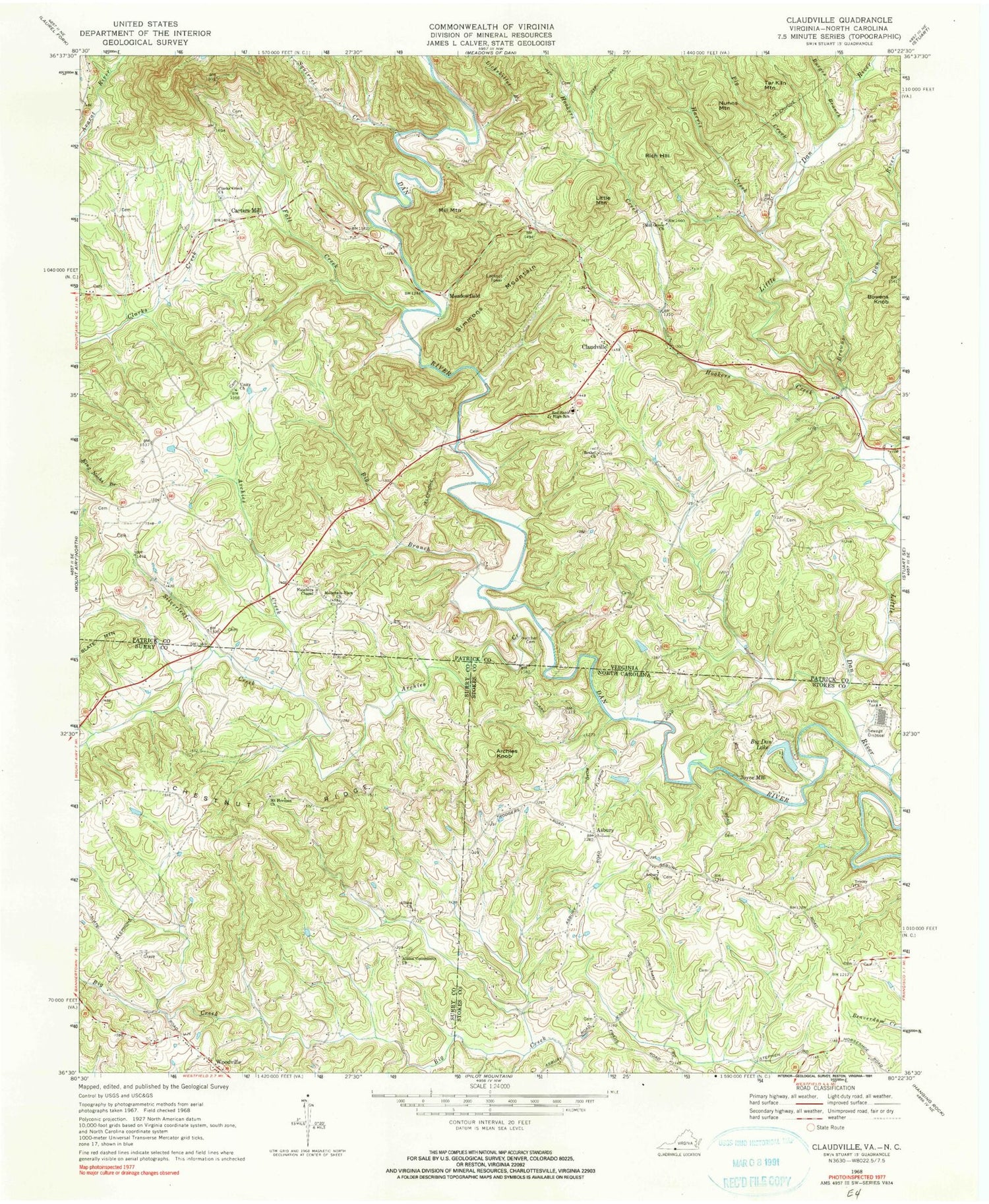 Classic USGS Claudville Virginia 7.5'x7.5' Topo Map Image