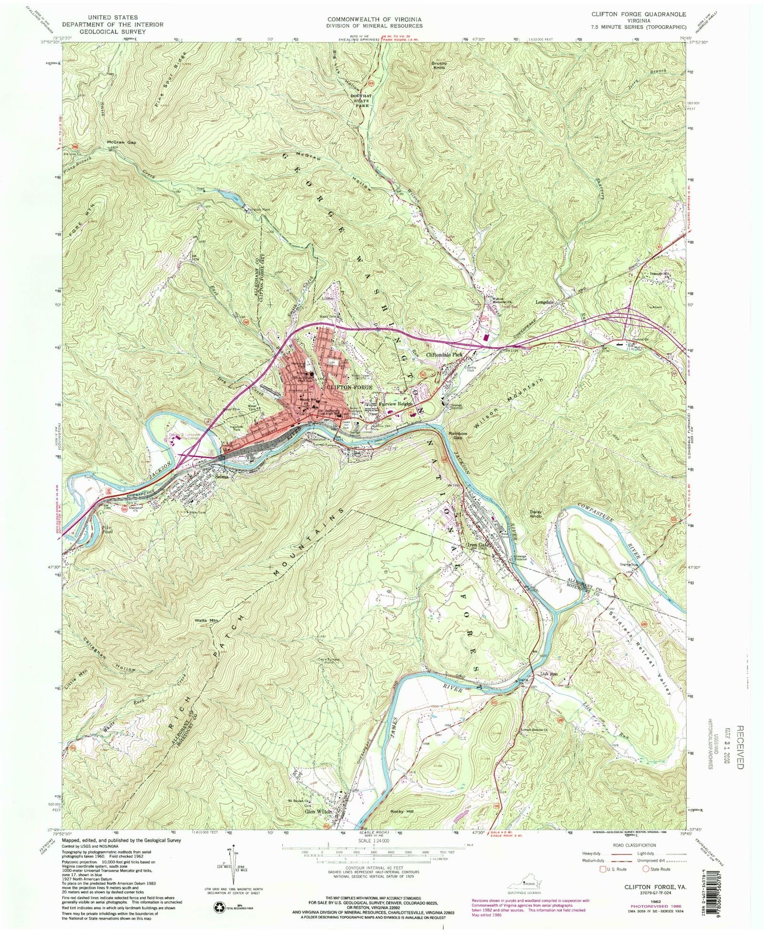 Classic USGS Clifton Forge Virginia 7.5'x7.5' Topo Map Image