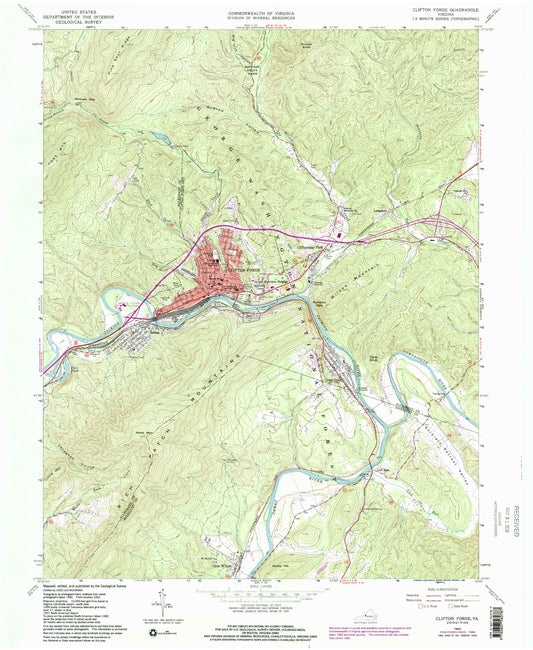 Classic USGS Clifton Forge Virginia 7.5'x7.5' Topo Map Image