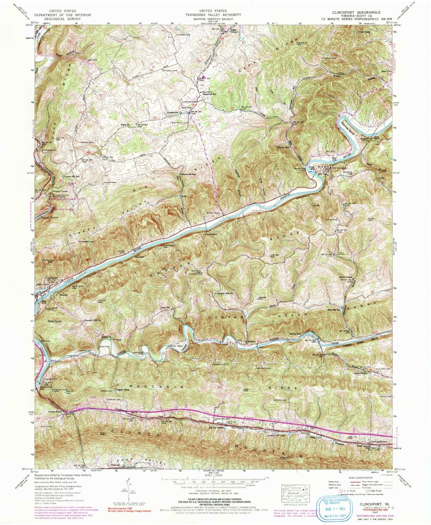 Classic USGS Clinchport Virginia 7.5'x7.5' Topo Map Image