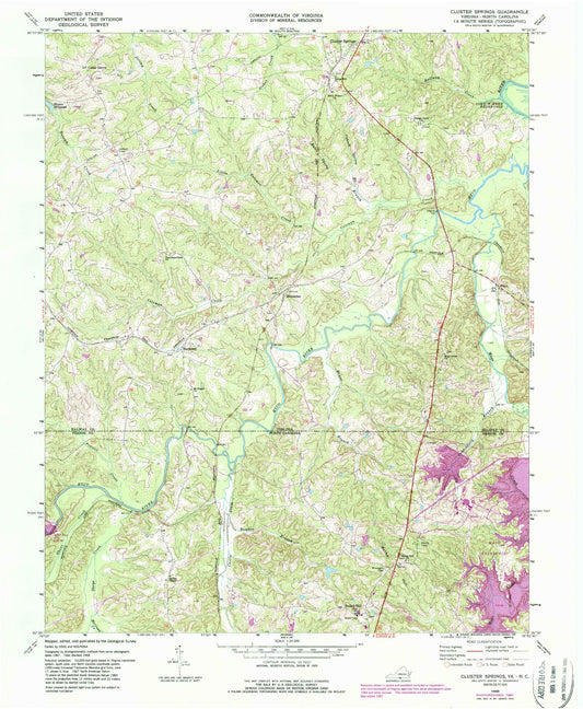 Classic USGS Cluster Springs Virginia 7.5'x7.5' Topo Map Image