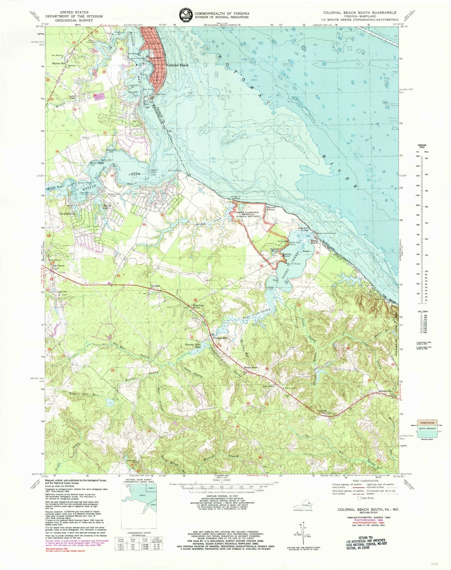 Classic USGS Colonial Beach South Virginia 7.5'x7.5' Topo Map Image