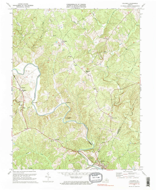 Classic USGS Columbia Virginia 7.5'x7.5' Topo Map Image