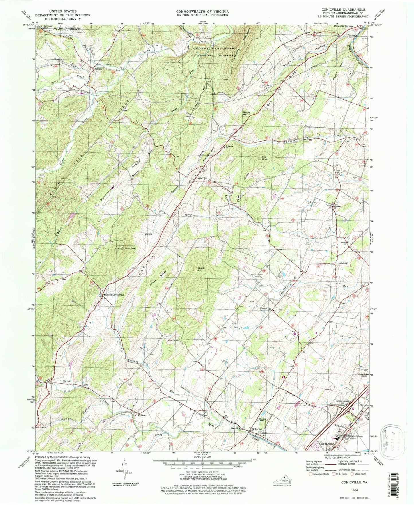 Classic USGS Conicville Virginia 7.5'x7.5' Topo Map Image