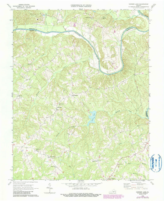 Classic USGS Conner Lake Virginia 7.5'x7.5' Topo Map Image