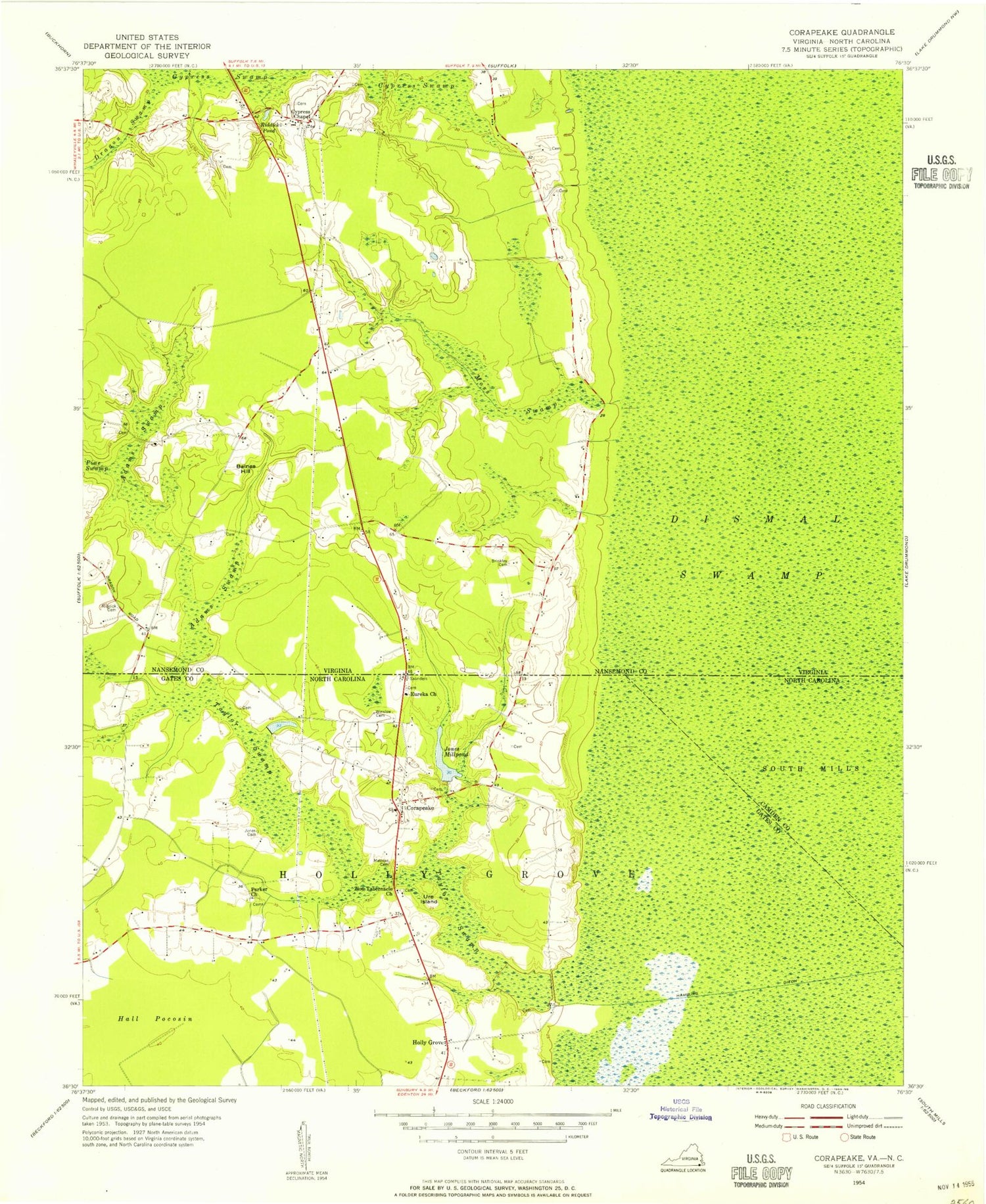 Classic USGS Corapeake North Carolina 7.5'x7.5' Topo Map Image