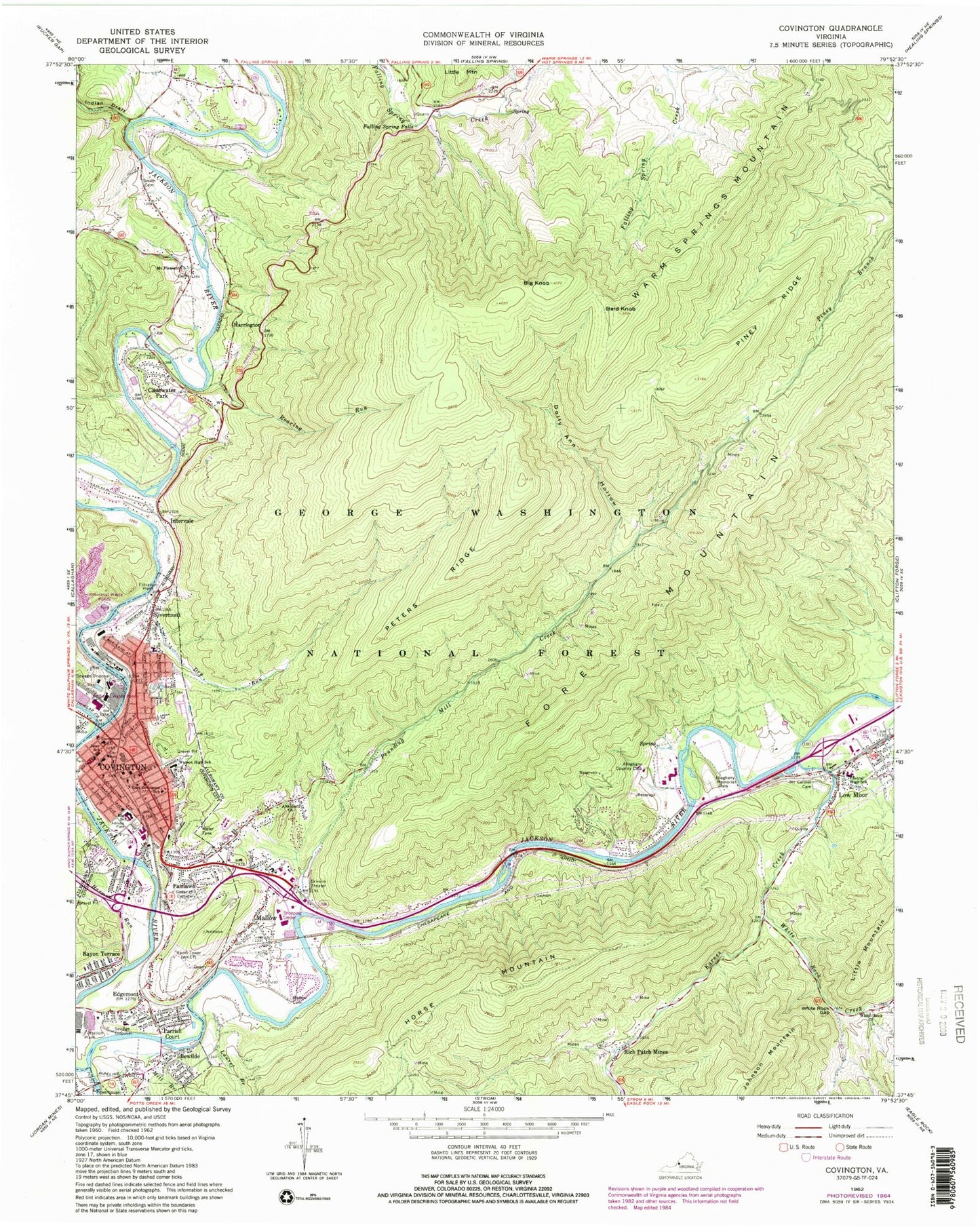 Classic USGS Covington Virginia 7.5'x7.5' Topo Map Image