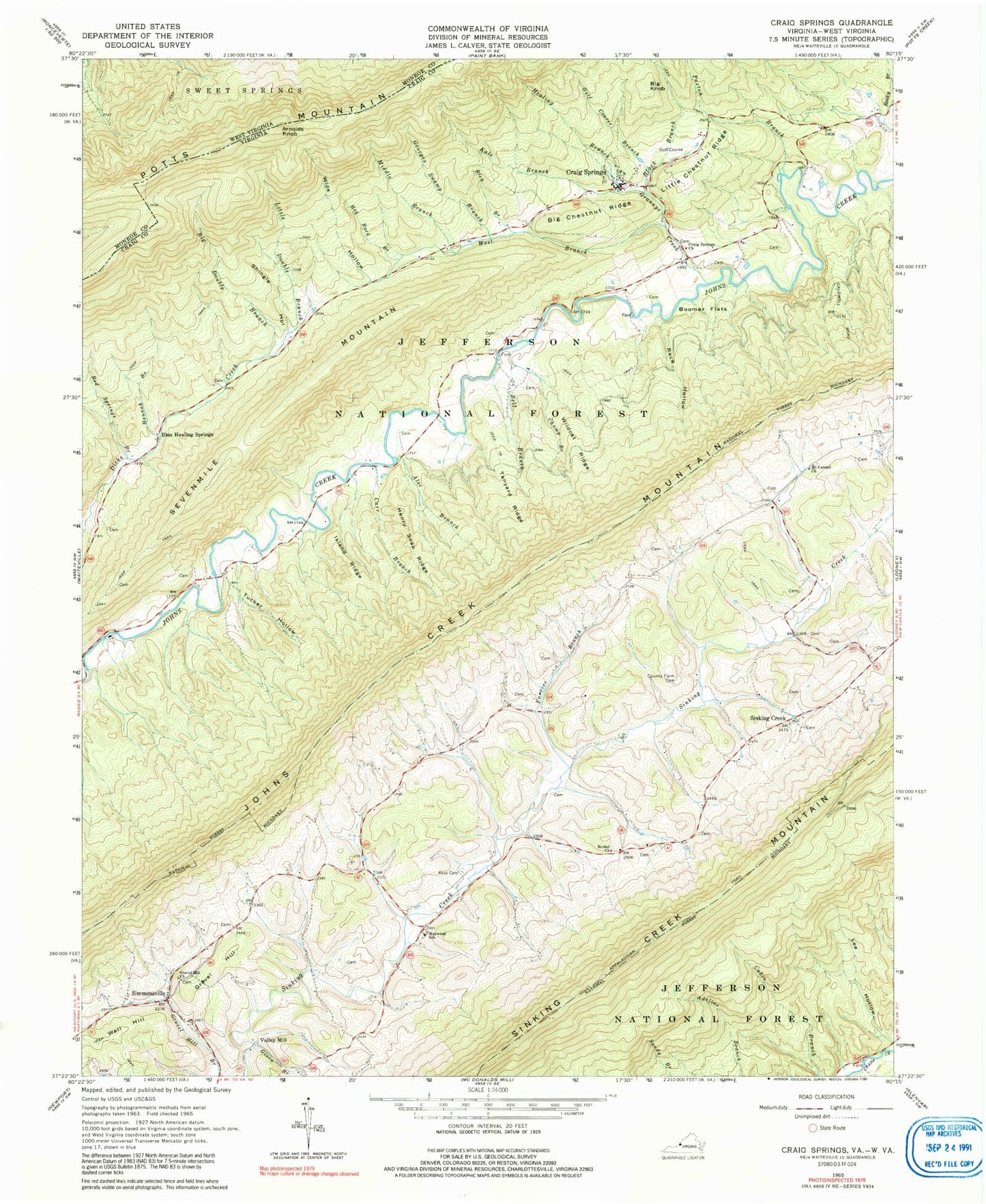Classic USGS Craig Springs Virginia 7.5'x7.5' Topo Map Image