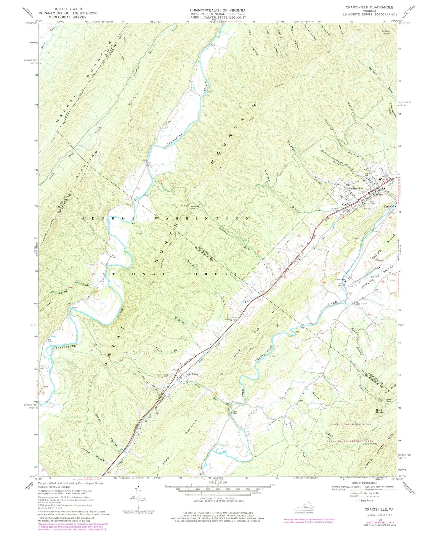 Classic USGS Craigsville Virginia 7.5'x7.5' Topo Map Image