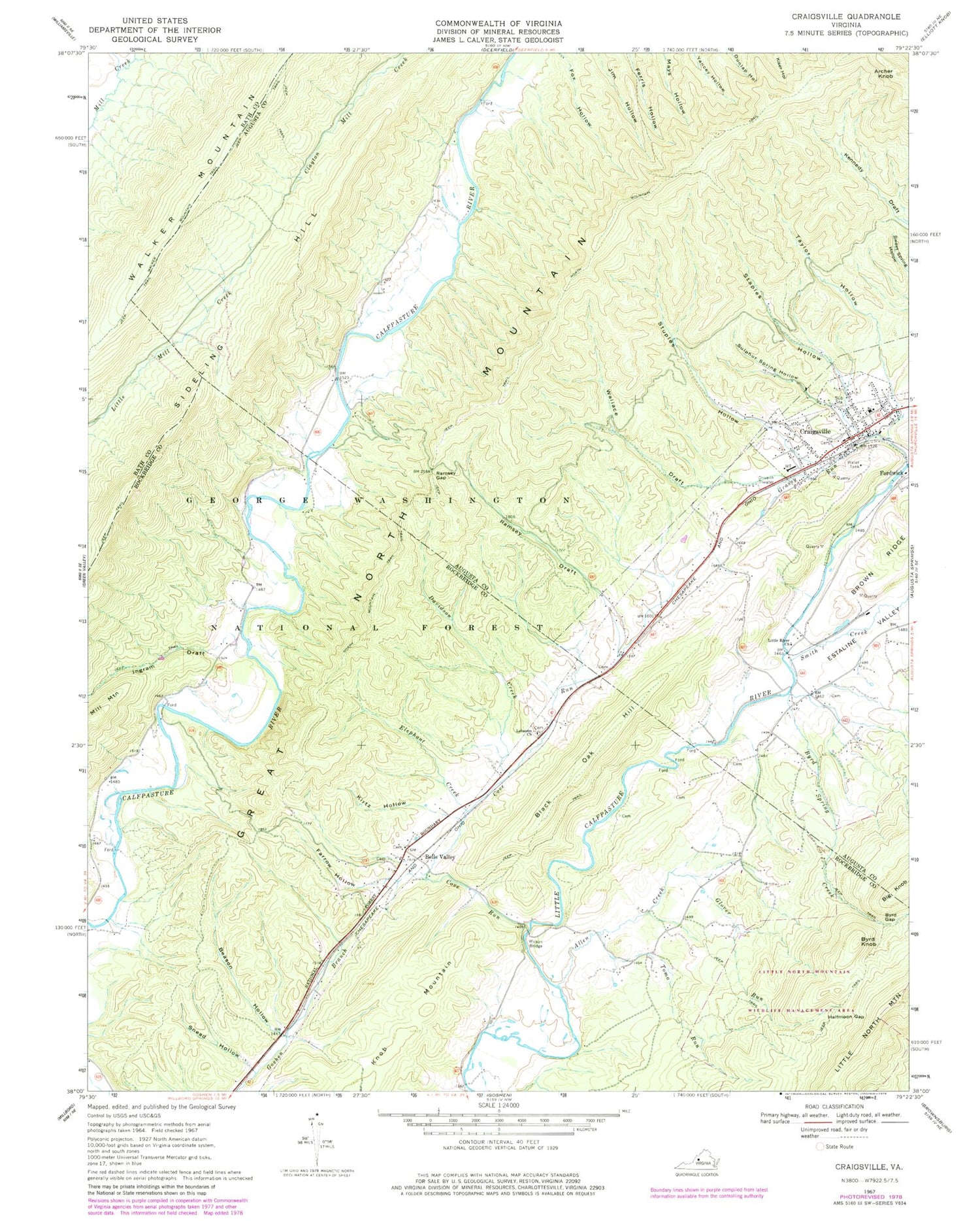 Classic USGS Craigsville Virginia 7.5'x7.5' Topo Map Image