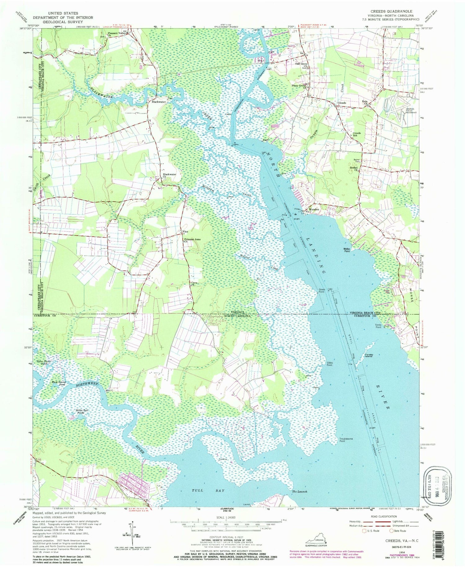 Classic USGS Creeds Virginia 7.5'x7.5' Topo Map Image