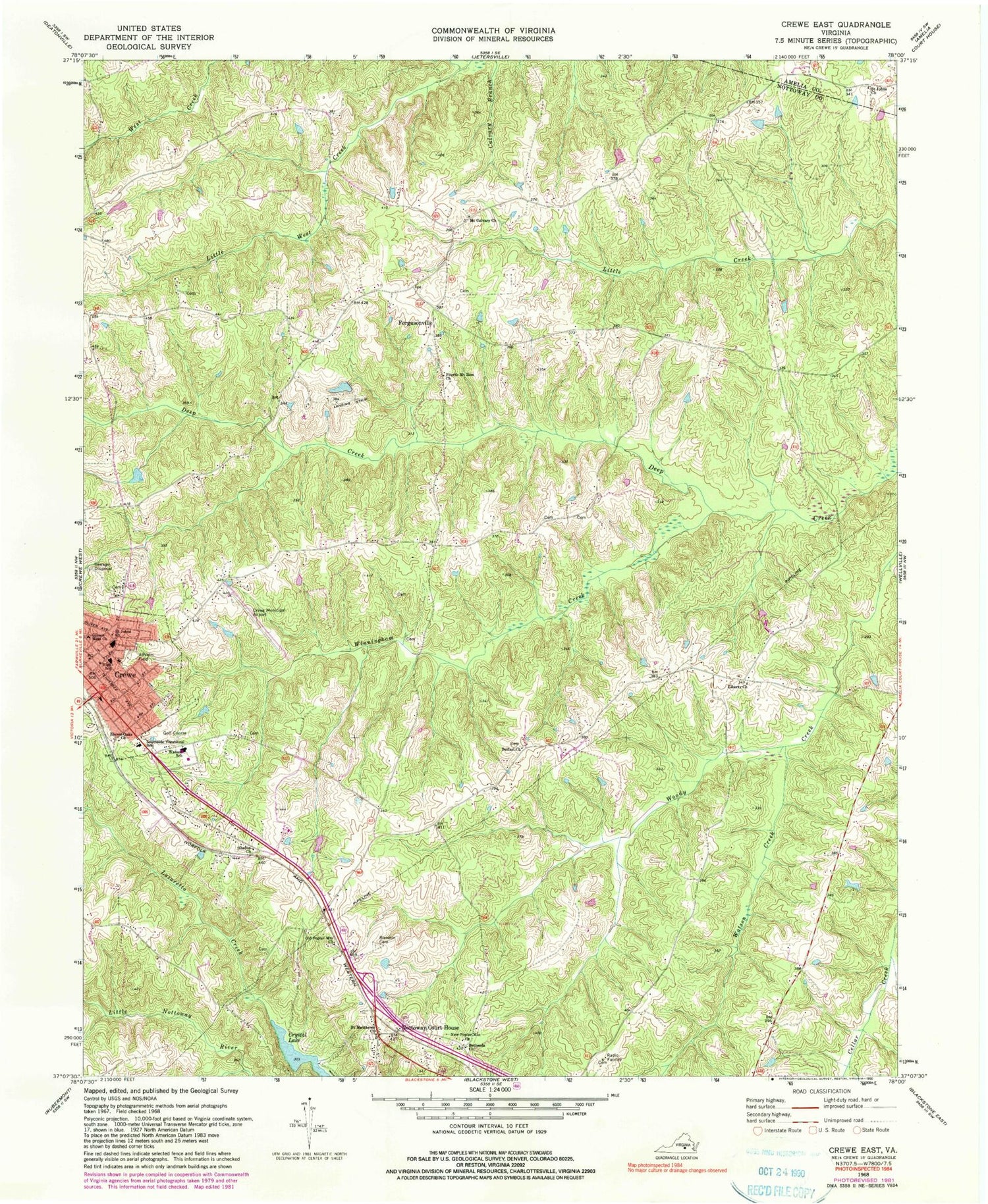 Classic USGS Crewe East Virginia 7.5'x7.5' Topo Map Image