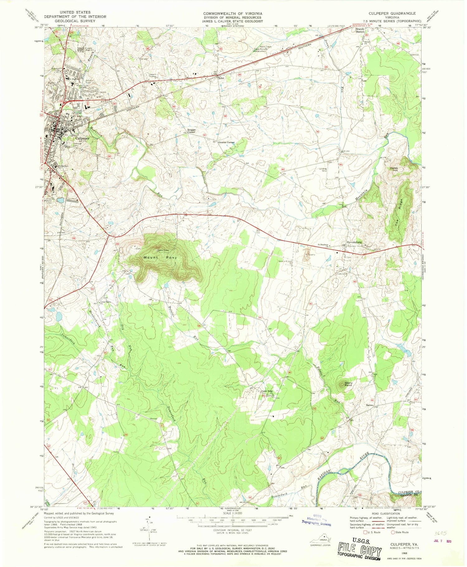 Classic USGS Culpeper East Virginia 7.5'x7.5' Topo Map Image
