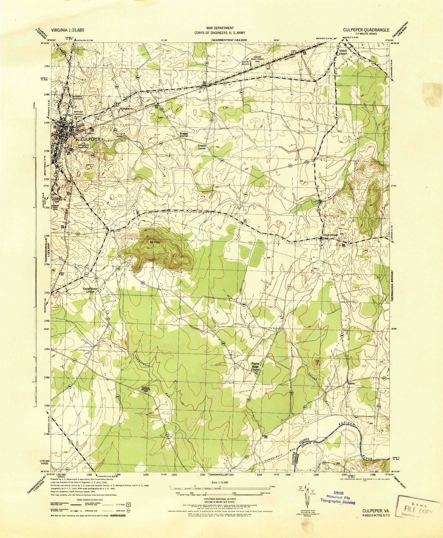 Classic USGS Culpeper East Virginia 7.5'x7.5' Topo Map Image
