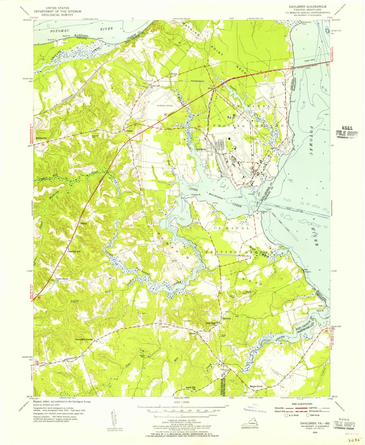 Classic USGS Dahlgren Virginia 7.5'x7.5' Topo Map Image