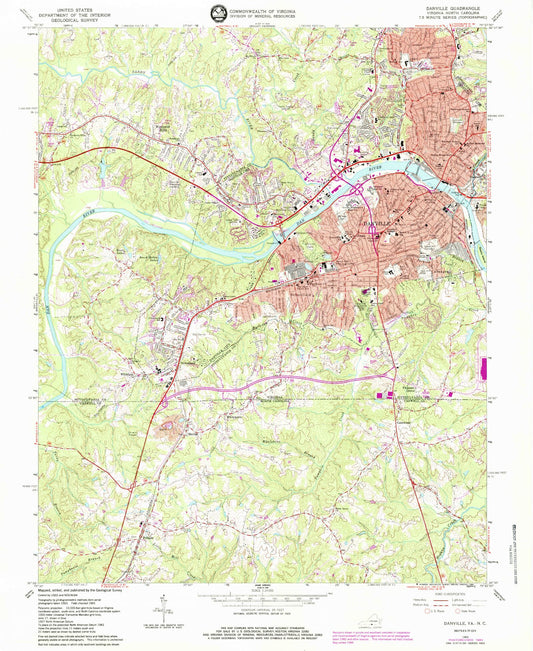 Classic USGS Danville Virginia 7.5'x7.5' Topo Map Image
