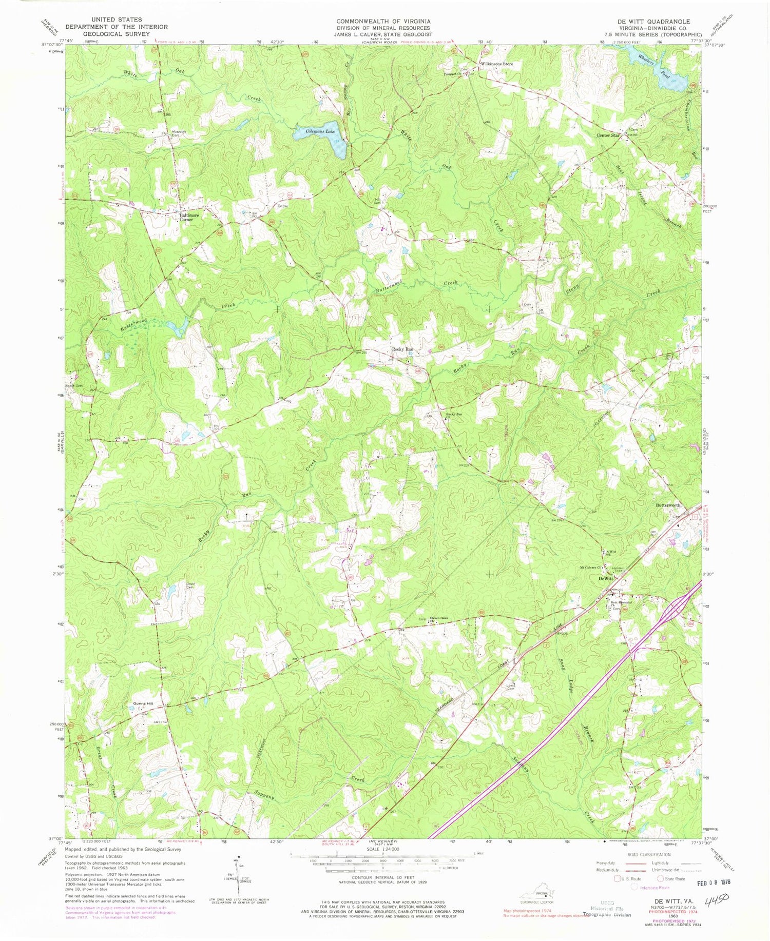 Classic USGS DeWitt Virginia 7.5'x7.5' Topo Map Image