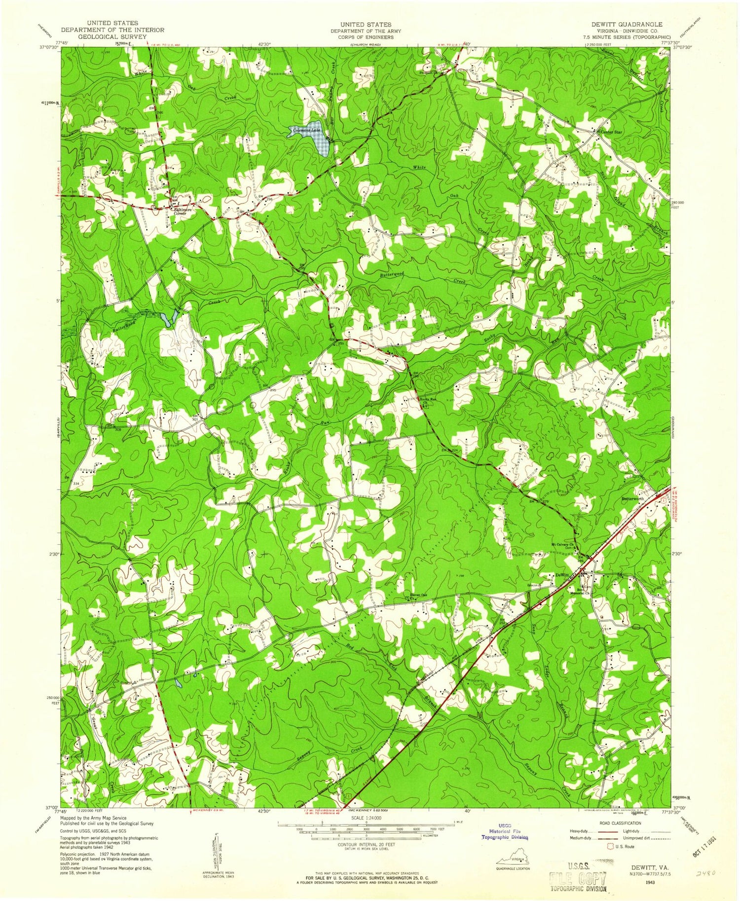 Classic USGS DeWitt Virginia 7.5'x7.5' Topo Map Image