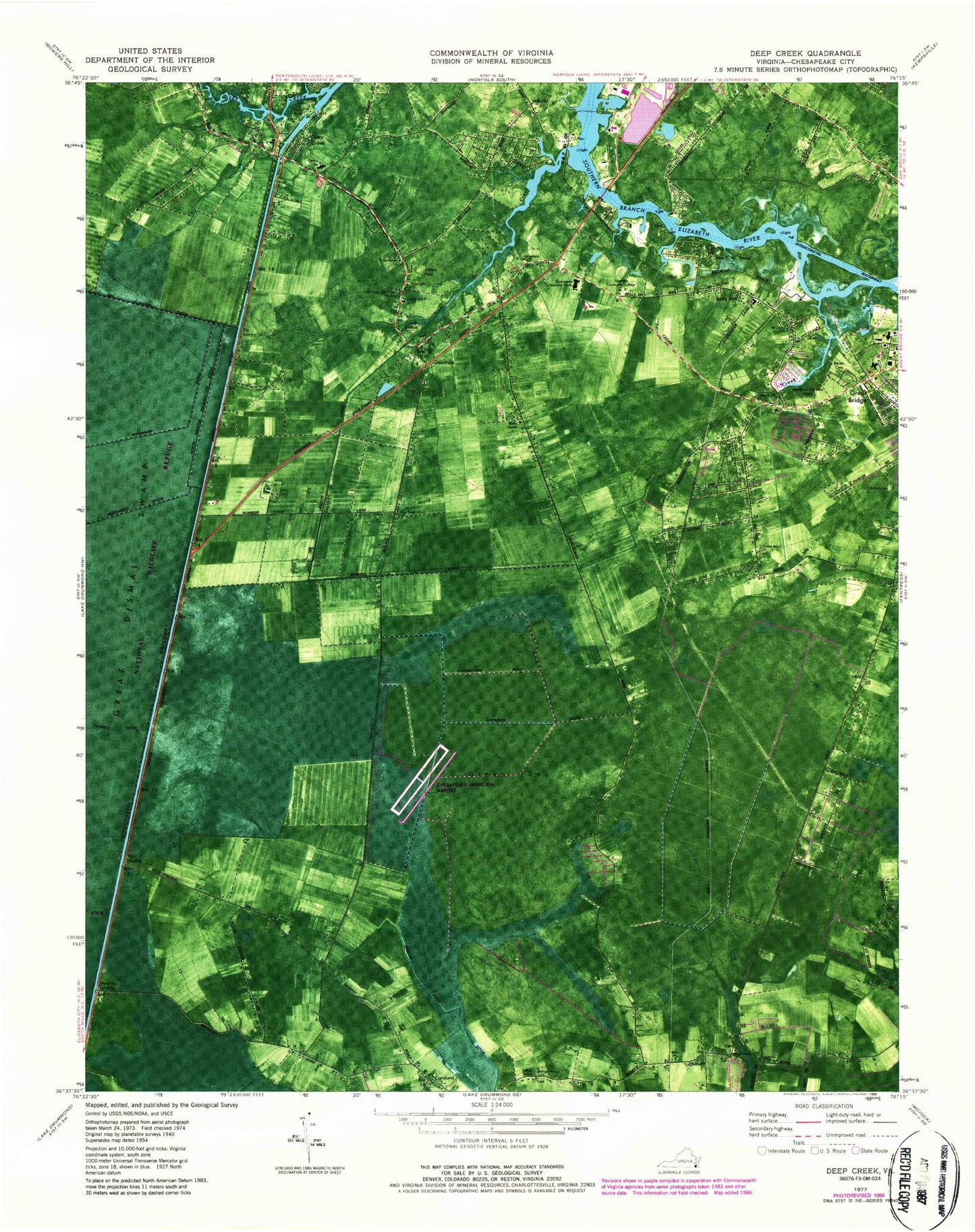 Classic USGS Deep Creek Virginia 7.5'x7.5' Topo Map Image