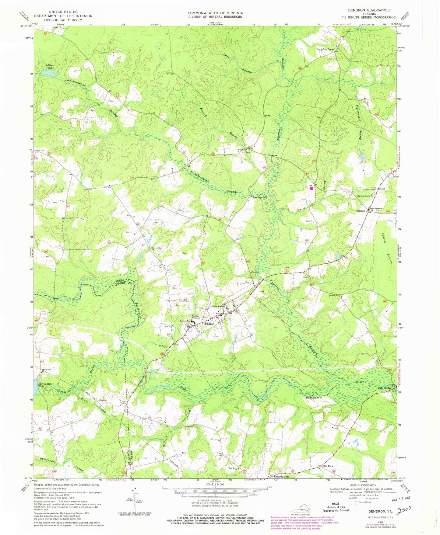 Classic USGS Dendron Virginia 7.5'x7.5' Topo Map Image
