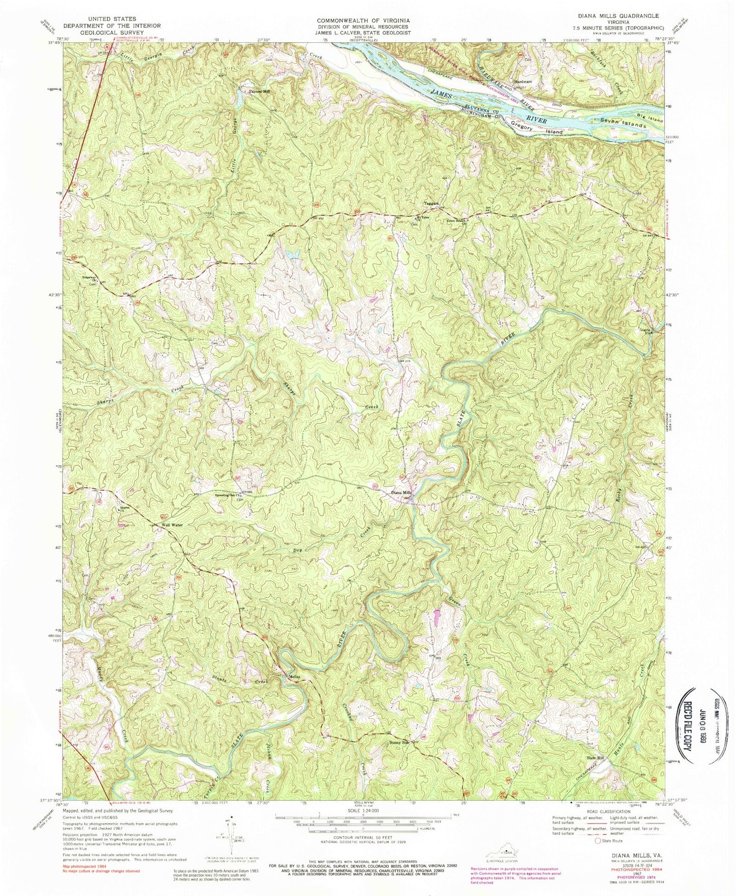 Classic USGS Diana Mills Virginia 7.5'x7.5' Topo Map Image