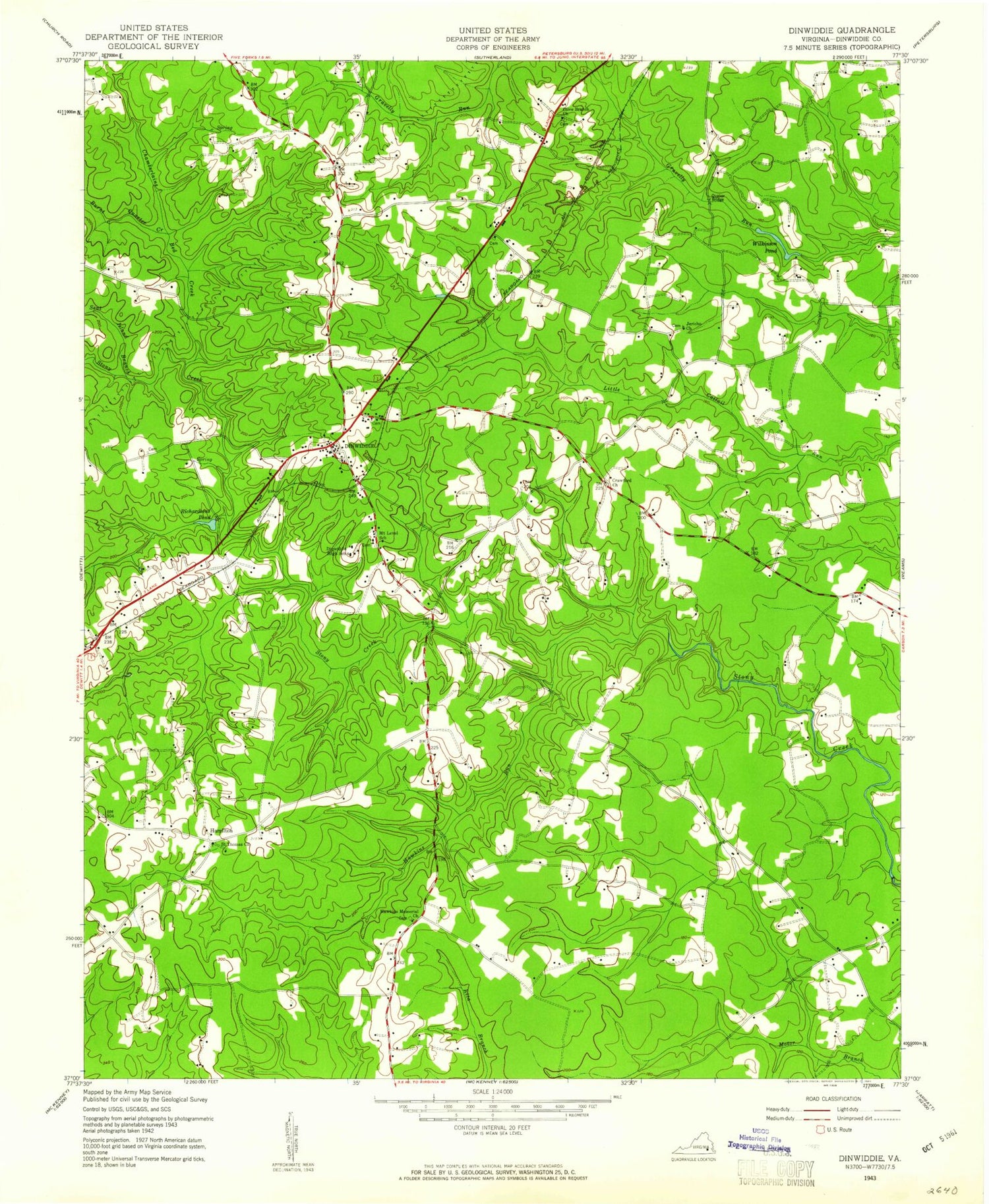 Classic USGS Dinwiddie Virginia 7.5'x7.5' Topo Map Image