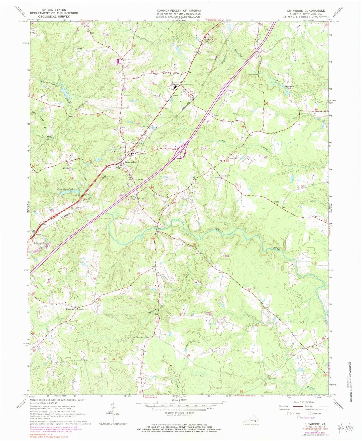 Classic USGS Dinwiddie Virginia 7.5'x7.5' Topo Map Image