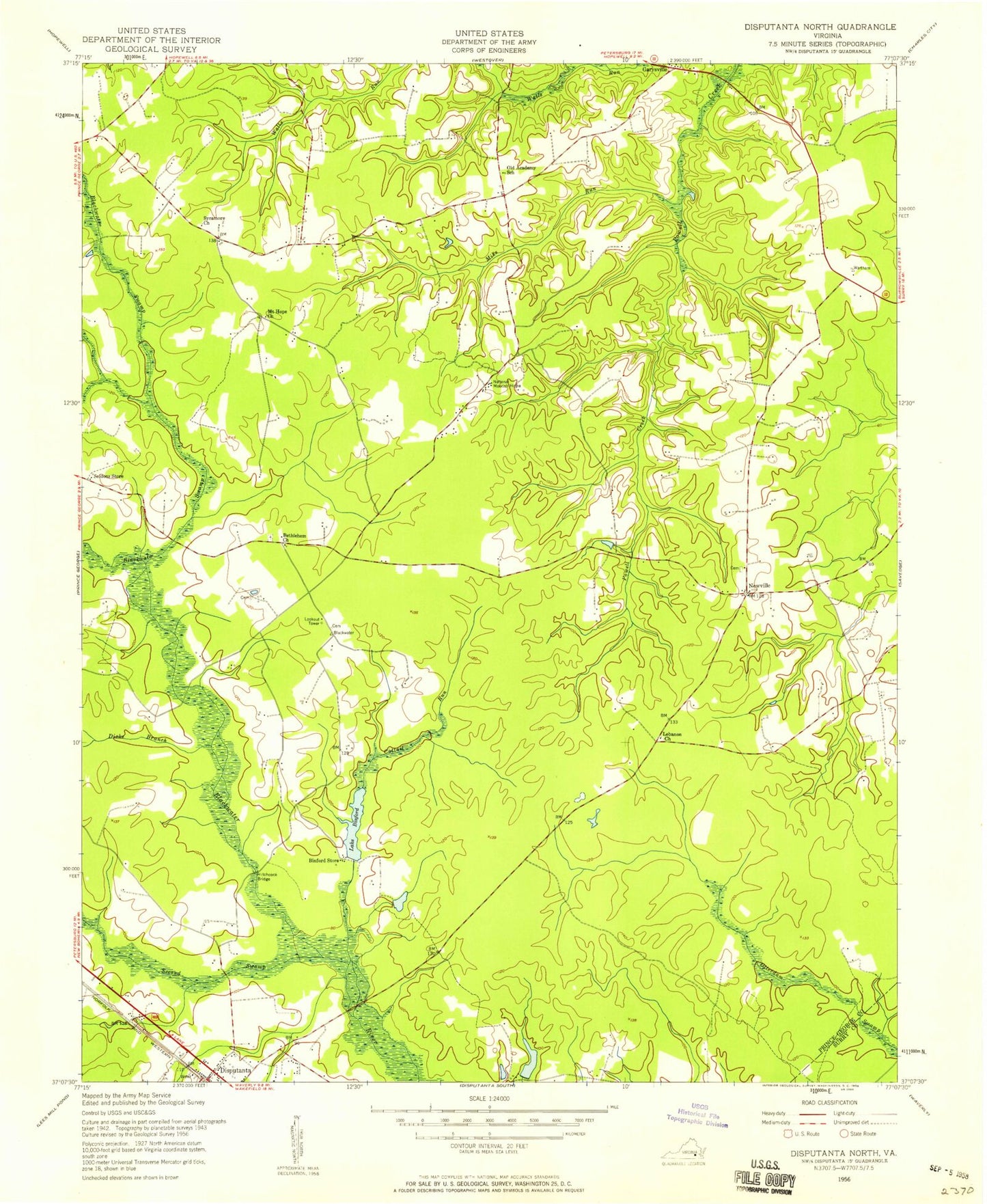 Classic USGS Disputanta North Virginia 7.5'x7.5' Topo Map Image